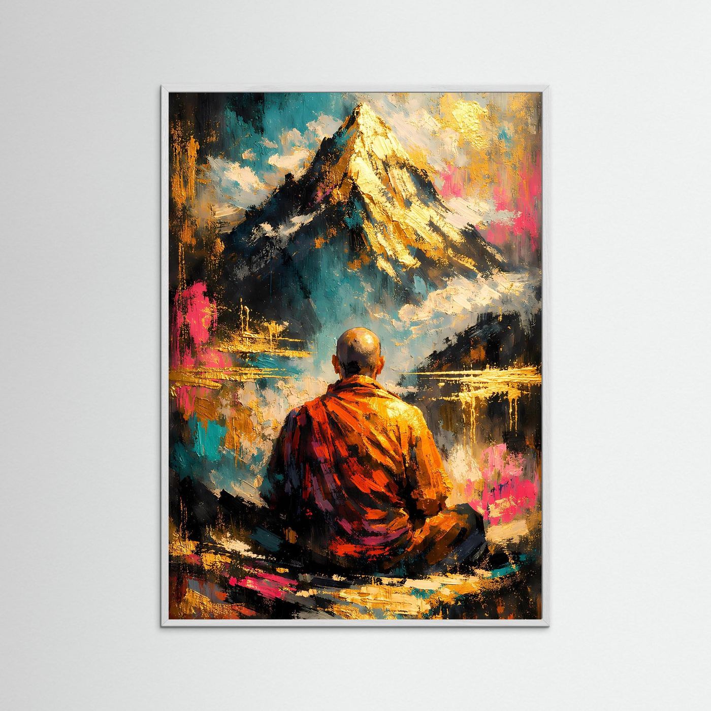 Hochformatiges Kunstposter mit sitzendem Mönch, leuchtender Bergspitze und Farbklecksen, hellgrauer Rahmen