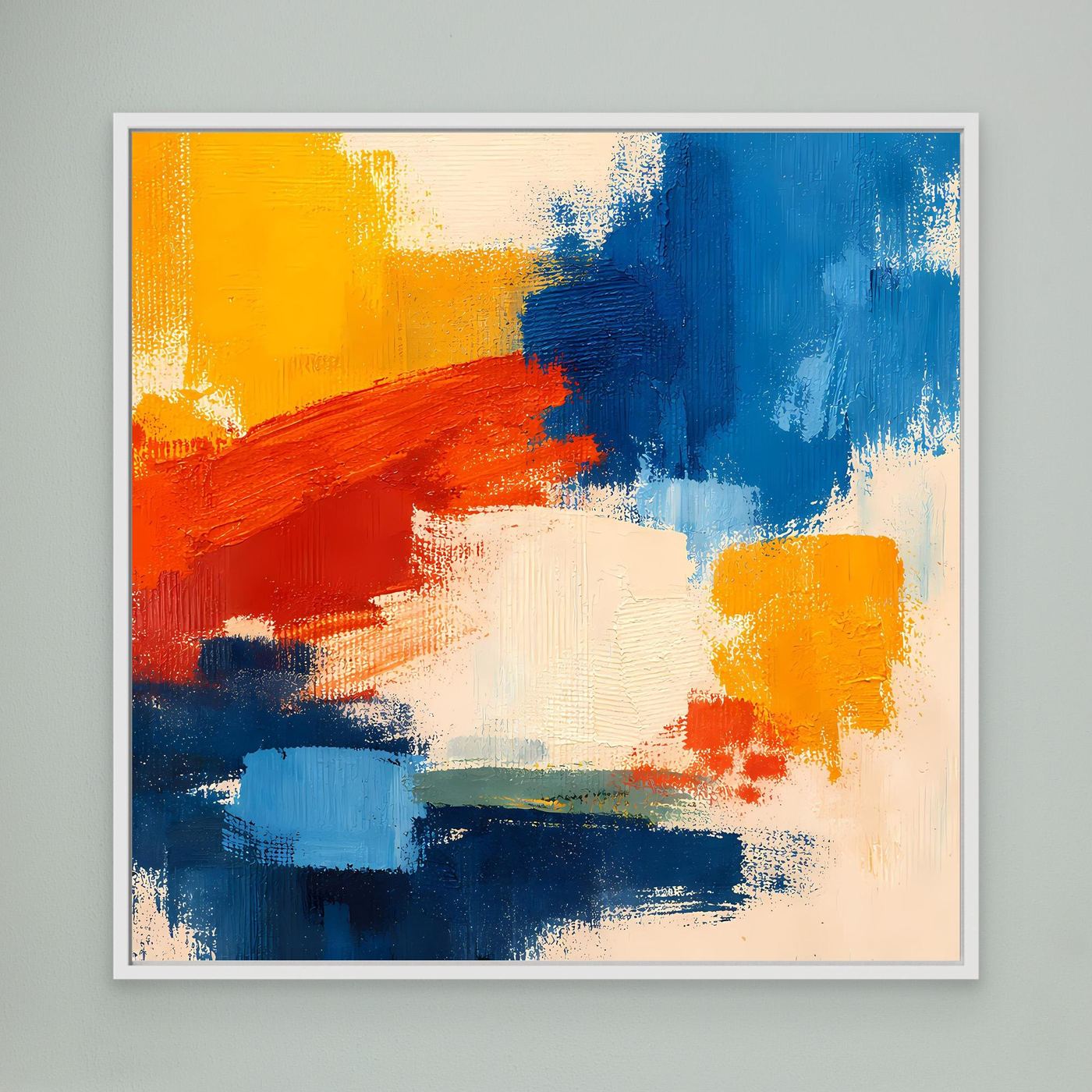 Abstract canvas wall art with yellow, red, and blue paint strokes; white frame