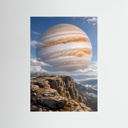 Hochformat-Kunstposter mit Jupiter-Planet über Felsenklippe und Wolkenhimmel.