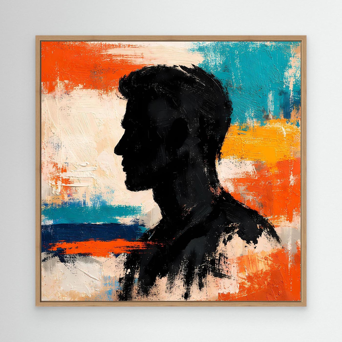 Framed abstract canvas wall art: black male side-profile silhouette on orange, blue, and beige