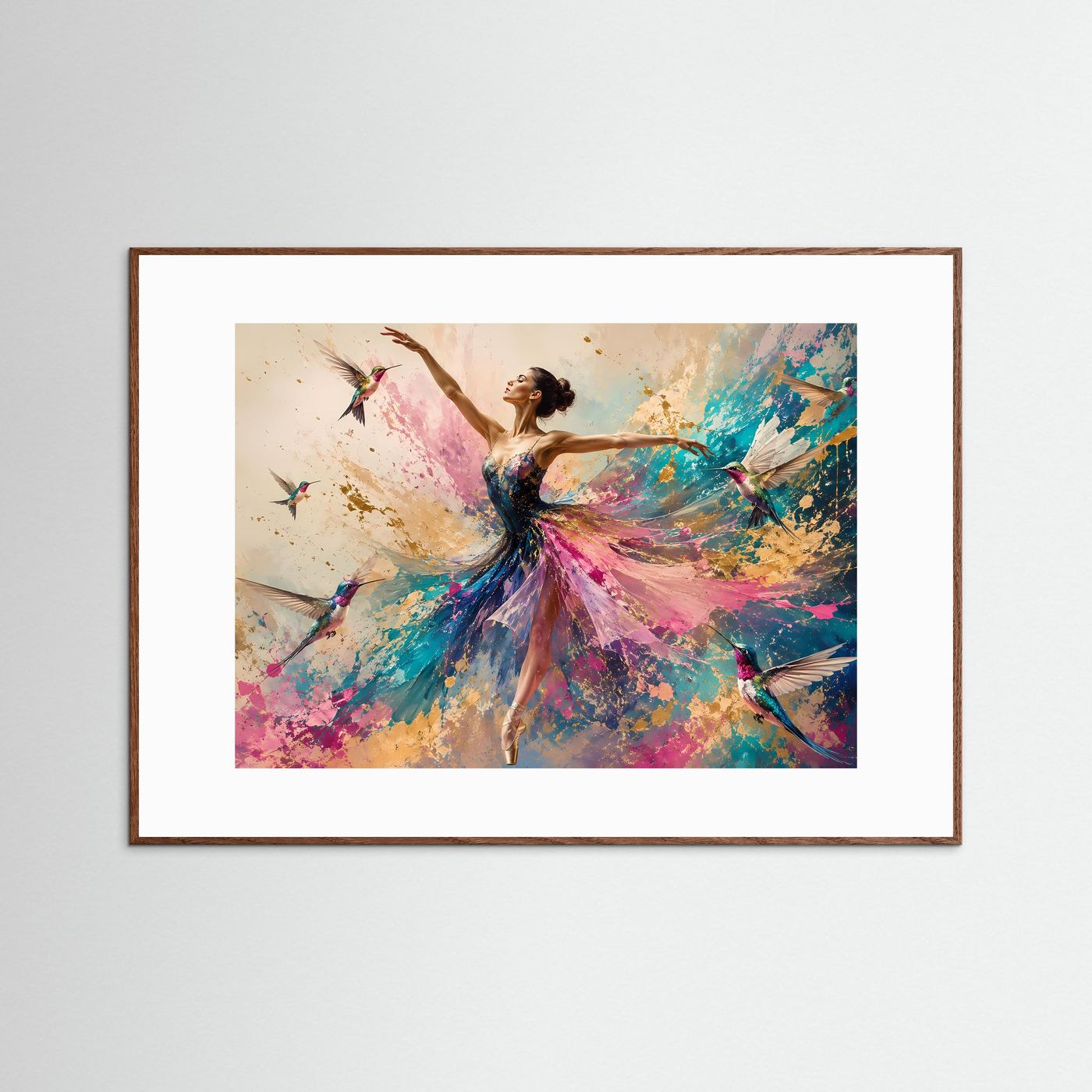 Ballerina mit Kolibris Poster | Elegante Tanzkunst Wandbild | Abstrakte Ballett Kunst | Farbenfroher Fine Art Print | Modernes Wandbild
