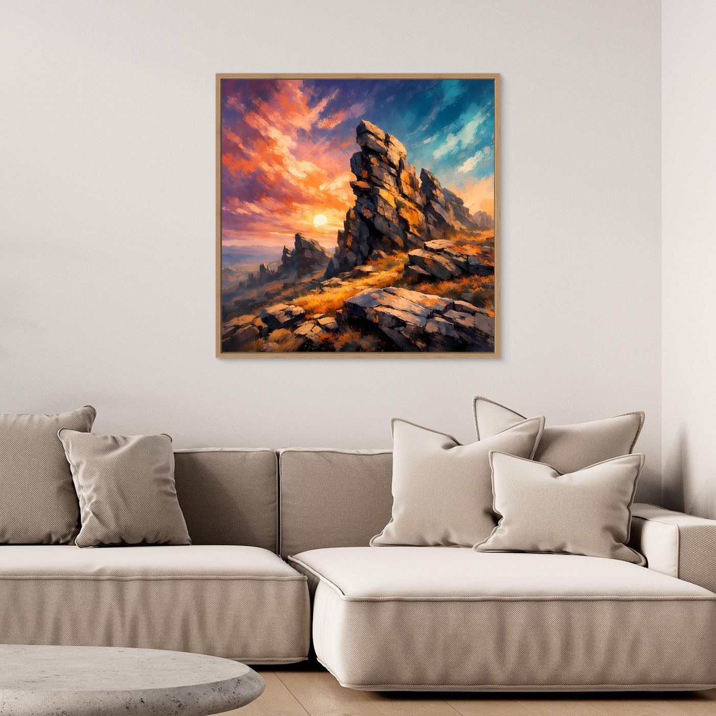 Premium Leinwand Monumentale Felsformation im Sonnenuntergang | Abstraktes Gebirge Wandbild