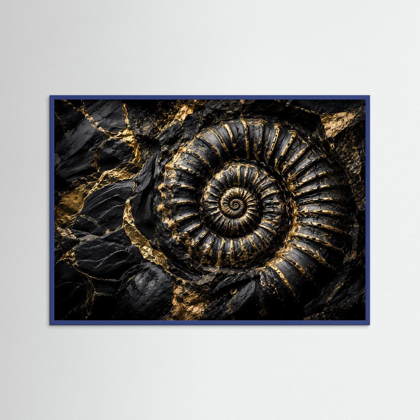 Ammonit Fossil Wandbild | Schwarz Gold Kunst | Geologie Poster | Luxus Leinwand | Prähistorische Natur Wanddeko | Moderne Wall Art
