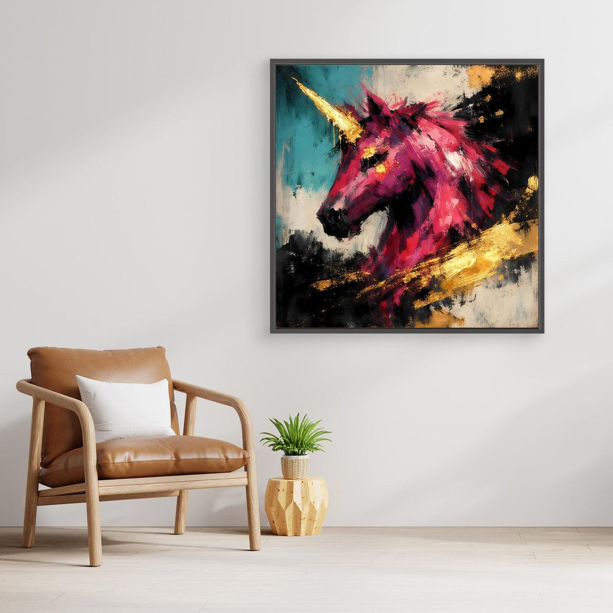 Leinwand-Fantasy-Wandbild mit Einhorn in Pink und Gold im dunklen Rahmen