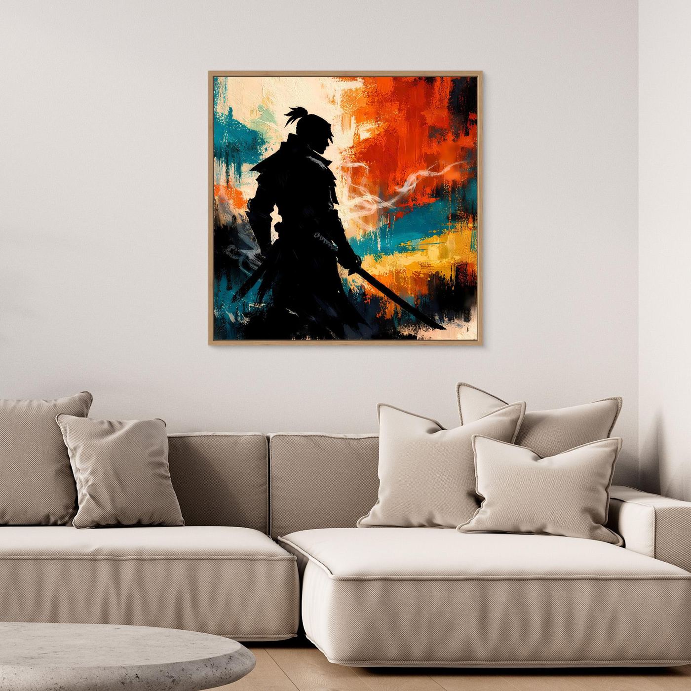 Gerahmtes Leinwand-Wandbild mit schwarzem Samurai und farbigem abstraktem Hintergrund
