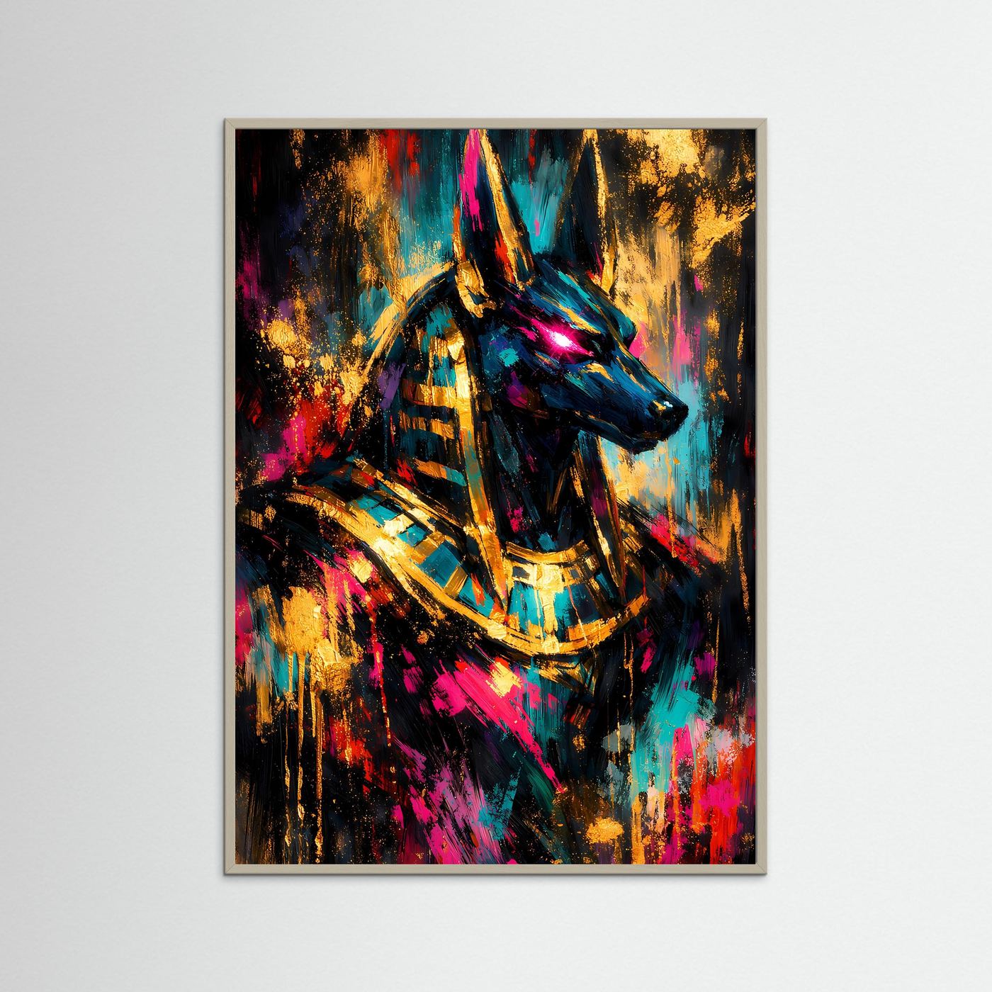Ägyptisches Anubis-Poster mit hellem Holzrahmen und blau-schwarzem Anubismotiv mit Goldakzenten