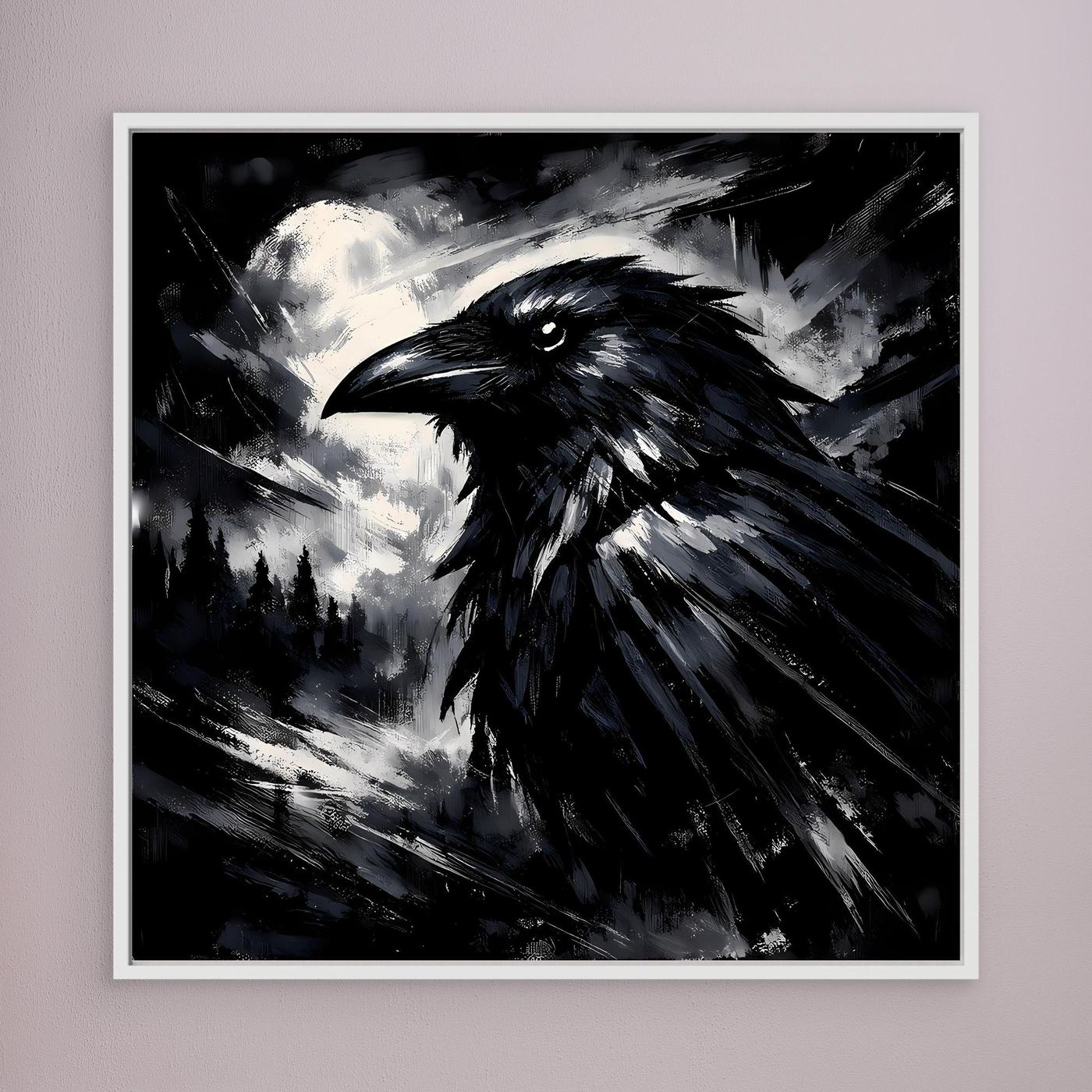 Gothisches Wandbild mit schwarzem Raben und silbrigem Vollmond, weißer Rahmen