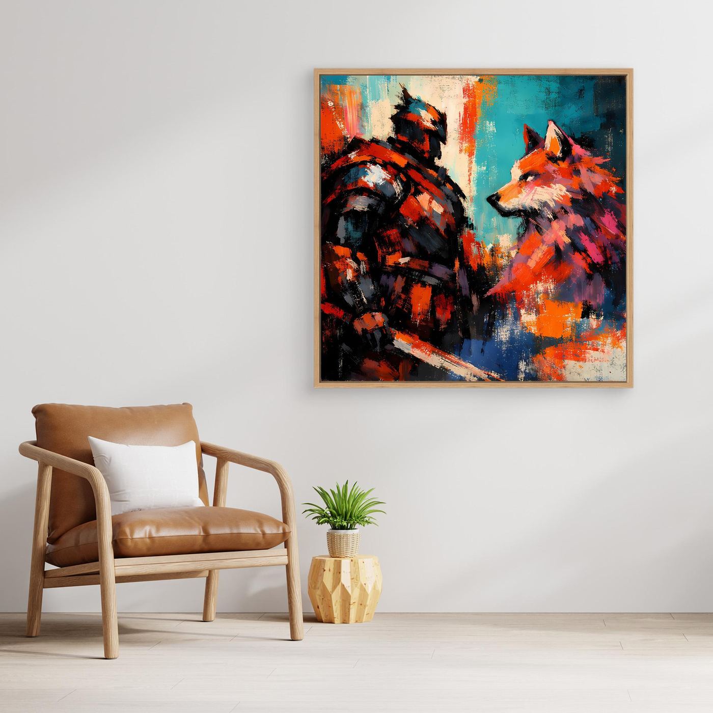 Leinwand-Wandbild mit Krieger und Wolf, orange-blaue Farbflächen, Holzrahmen