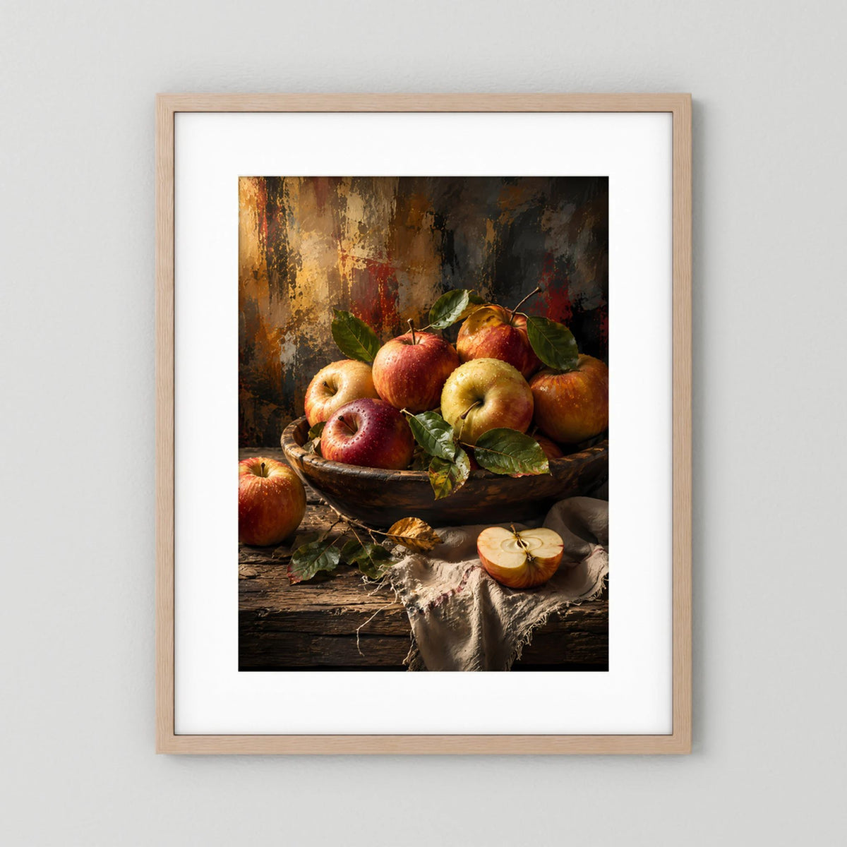 Hochformatiges Apfel-Poster mit Äpfeln in Schale, rote und gelbe Früchte, helle Holzumrandung