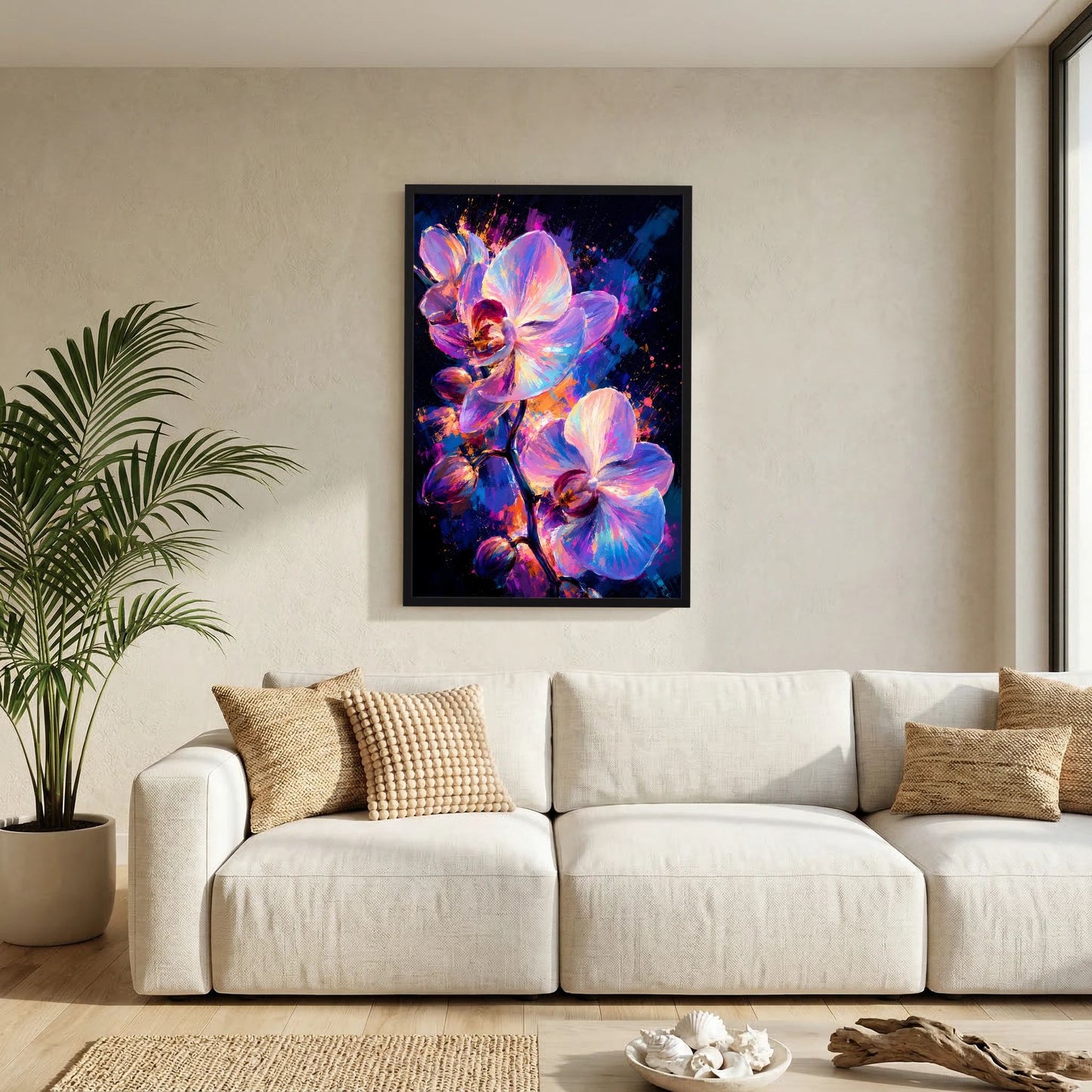 Gerahmtes Hochformat-Poster mit Orchideen-Motiv in Pink, Violett und Blau