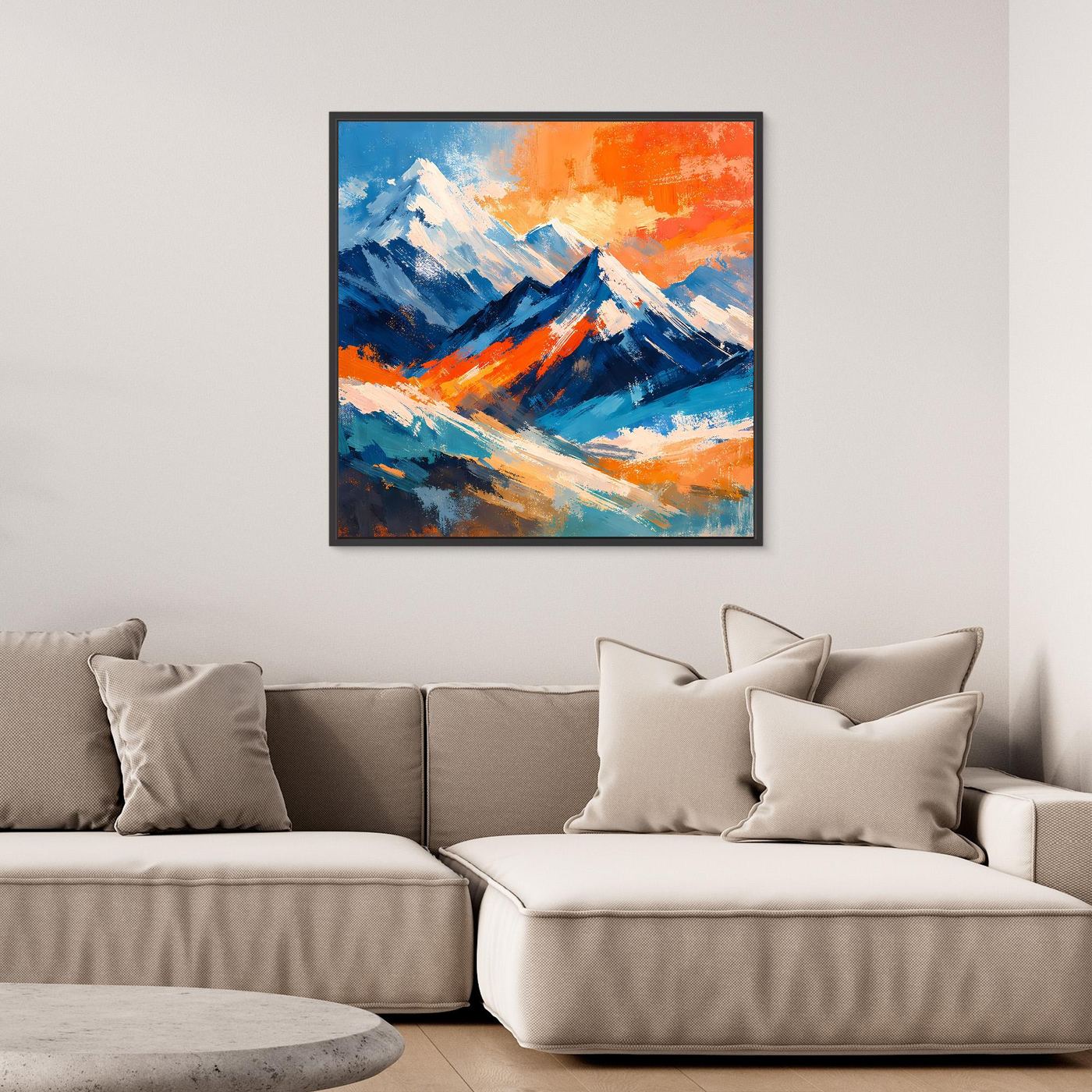 Abstraktes Leinwand-Berggemälde mit schwarzem Rahmen in Blau-Orange