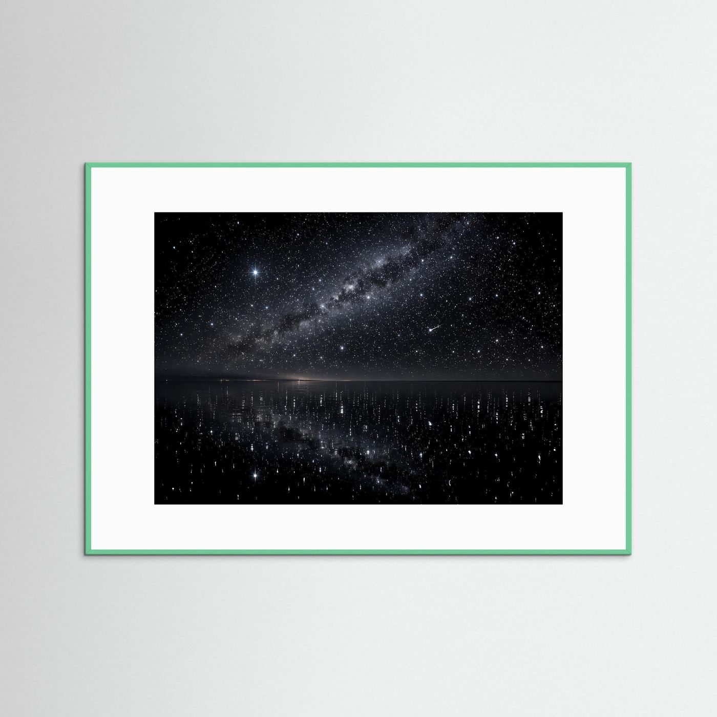 Gerahmtes Poster mit Sternenhimmel und Seespiegel, weißem Rand