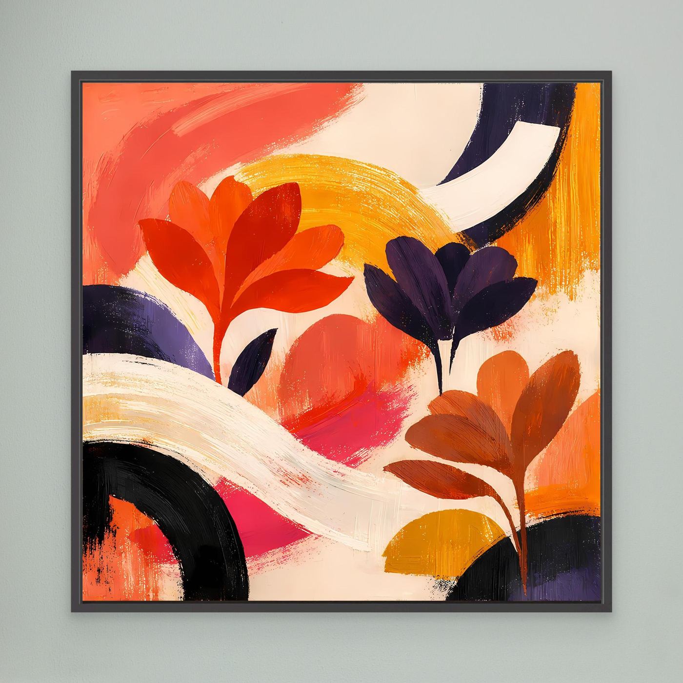Leinwandbild mit abstrakten Blumen in Orange und Dunkelblau, schwarzer Rahmen