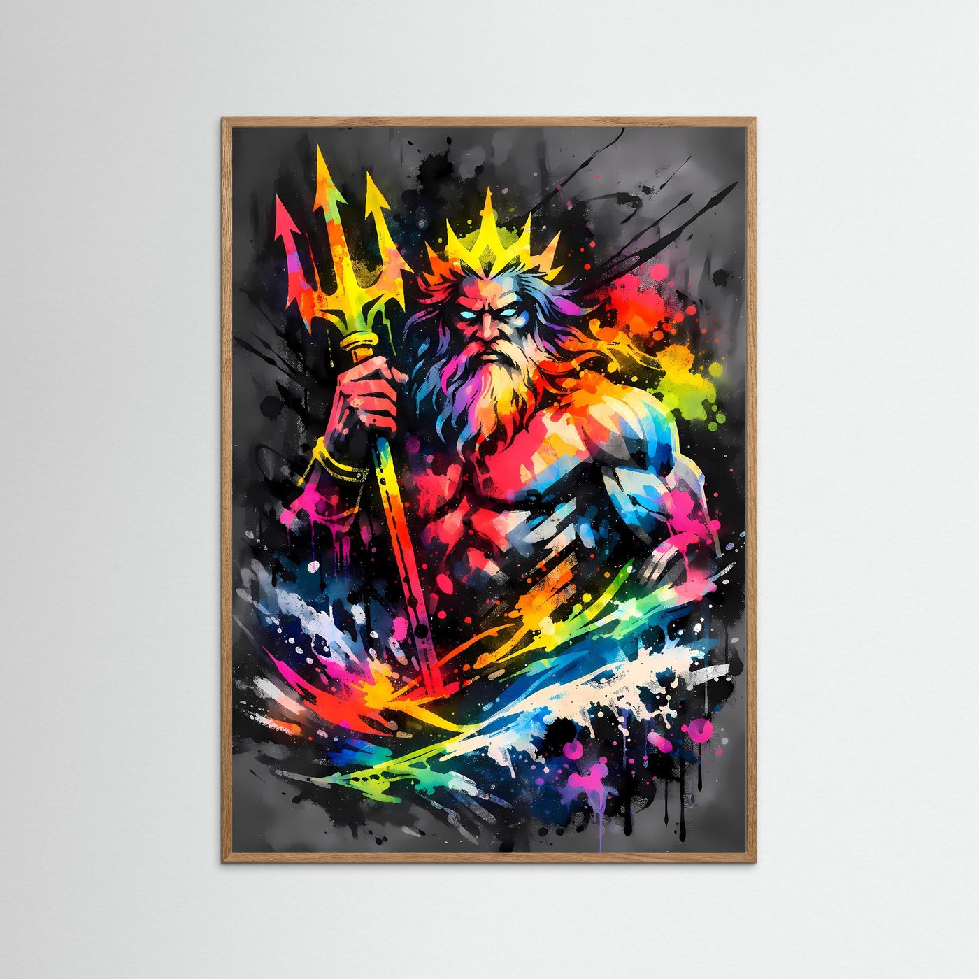 Herrscher der Meere | Abstraktes Poseidon & Neptun Mythologie Poster in Neonfarben | Modernes Gott Kunstposter Hochformat