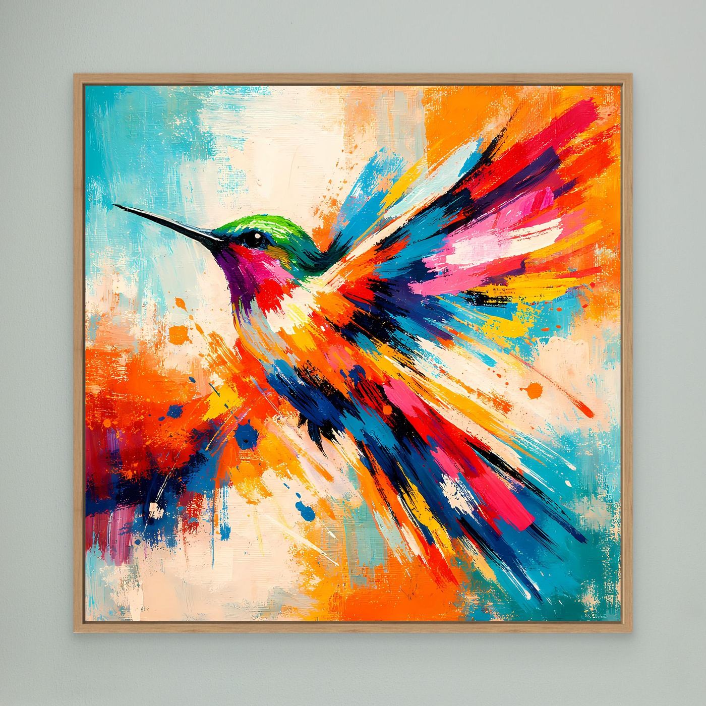 Premium Leinwand Kolibri Farbexplosion | Abstraktes Wandbild Modernes Vogel Poster