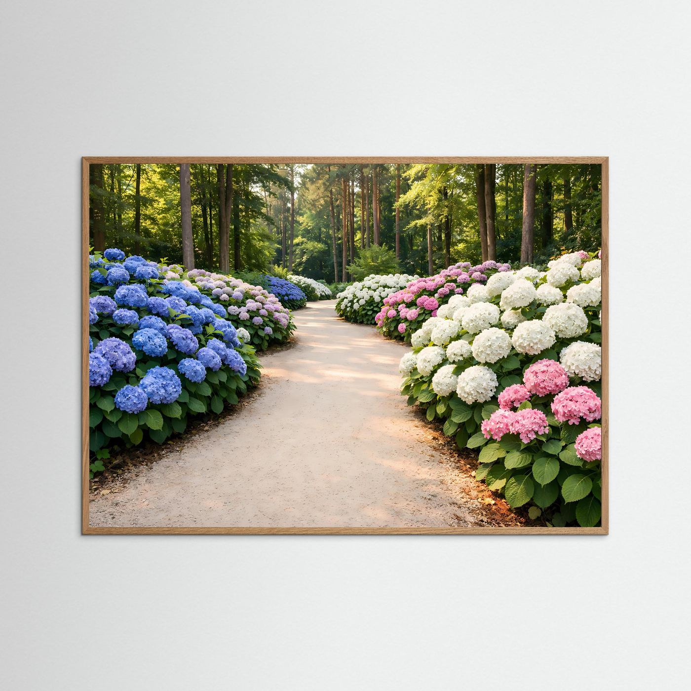 Romantischer Hortensienweg im Waldpark | Bunte Blütenpracht Natur Poster Querformat