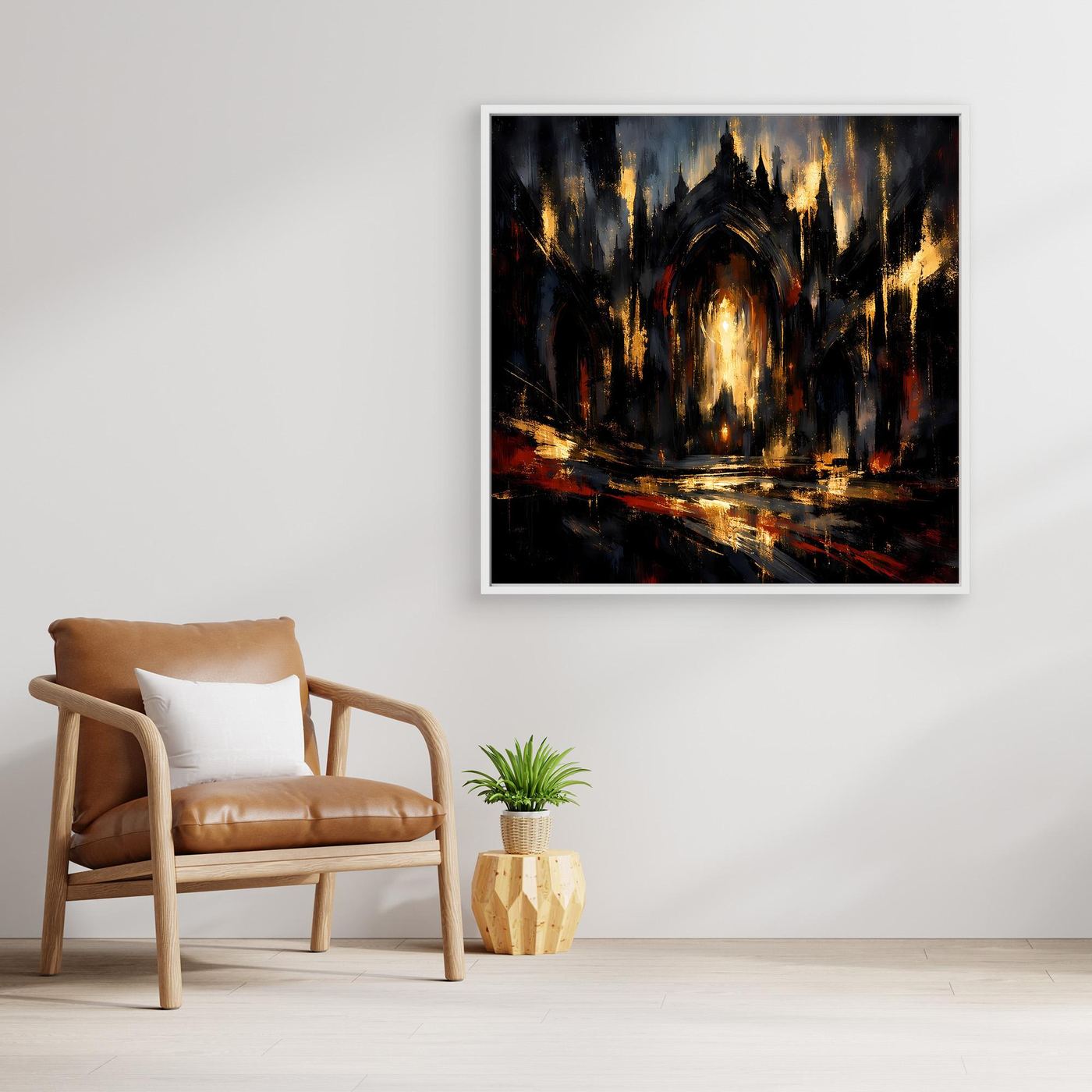 Leinwandbild abstrakte gotische Kathedrale, dunkel, goldene Lichter, weißer Rahmen