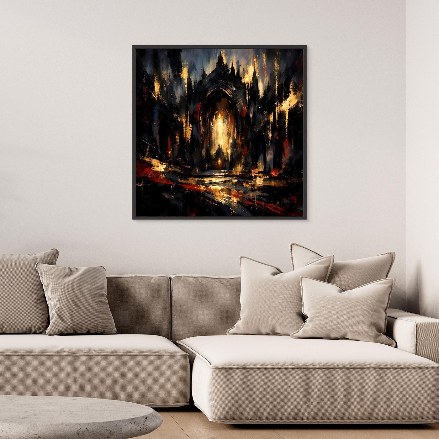 Leinwandbild abstrakte gotische Kathedrale, dunkel, goldene Lichter, schwarzer Rahmen