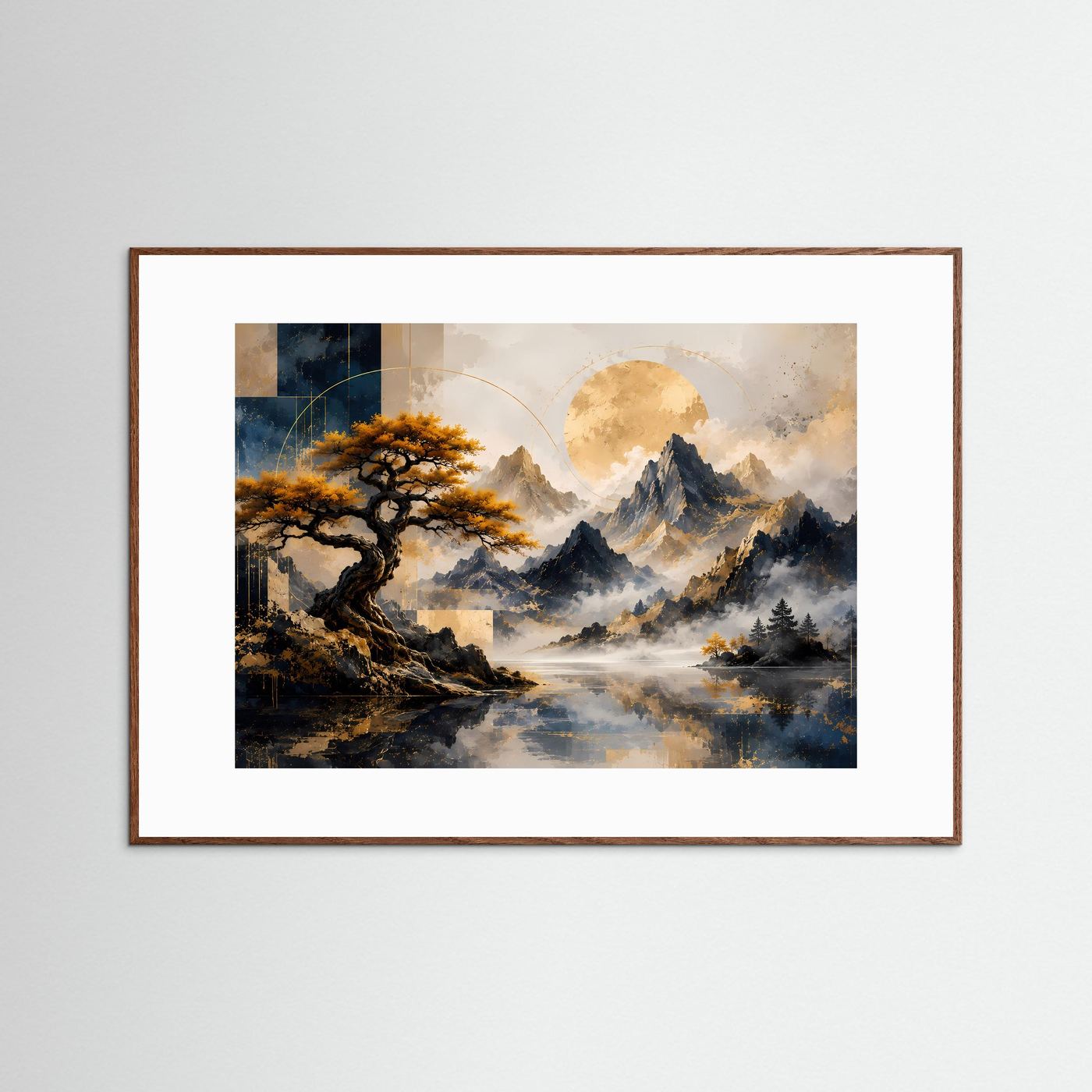 Poster Querformat, braun gerahmt: goldener Baum, Berge in Blau und Gold