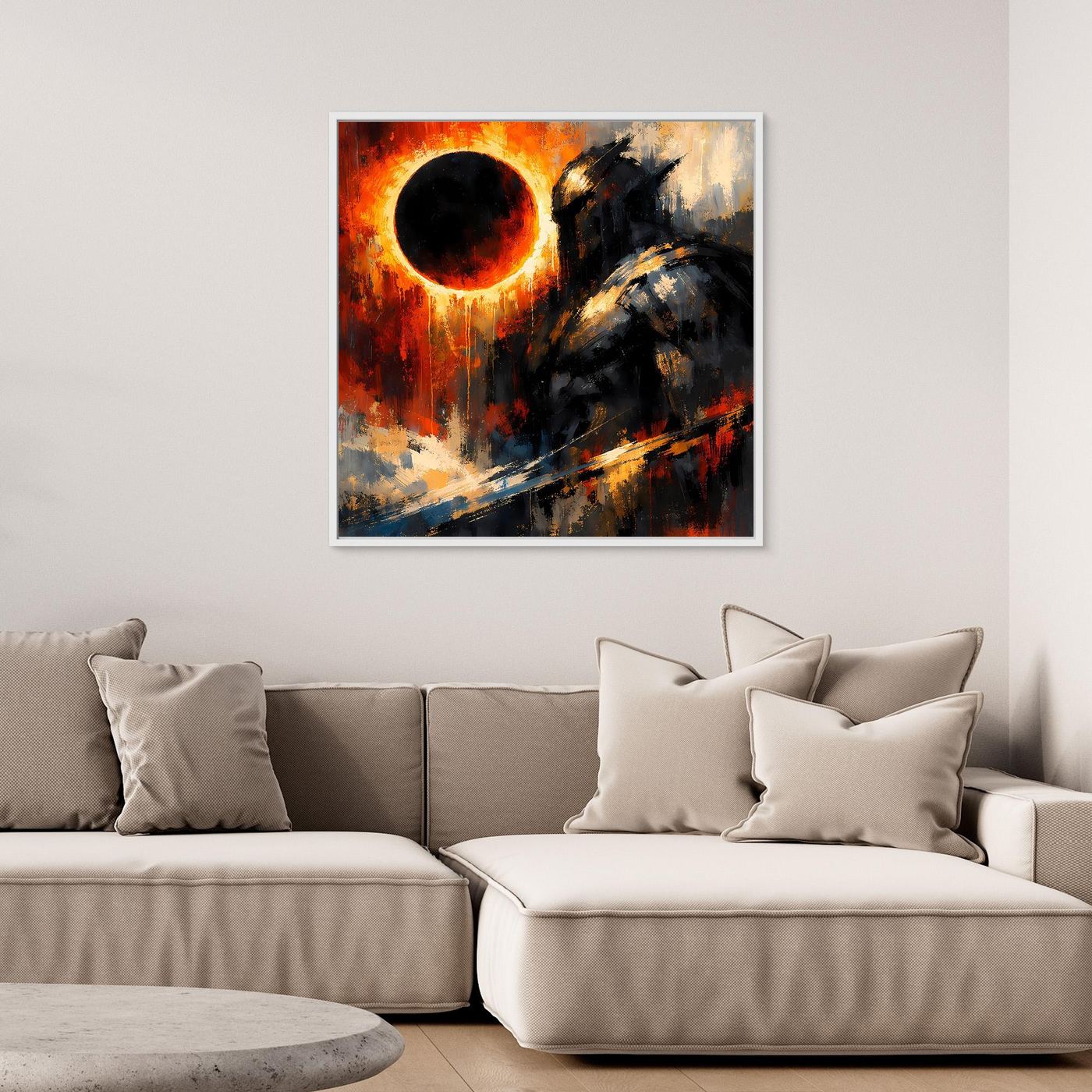 Abstraktes Fantasy-Wandbild: kosmischer Ritter und Sonnenfinsternis, im weißen Rahmen