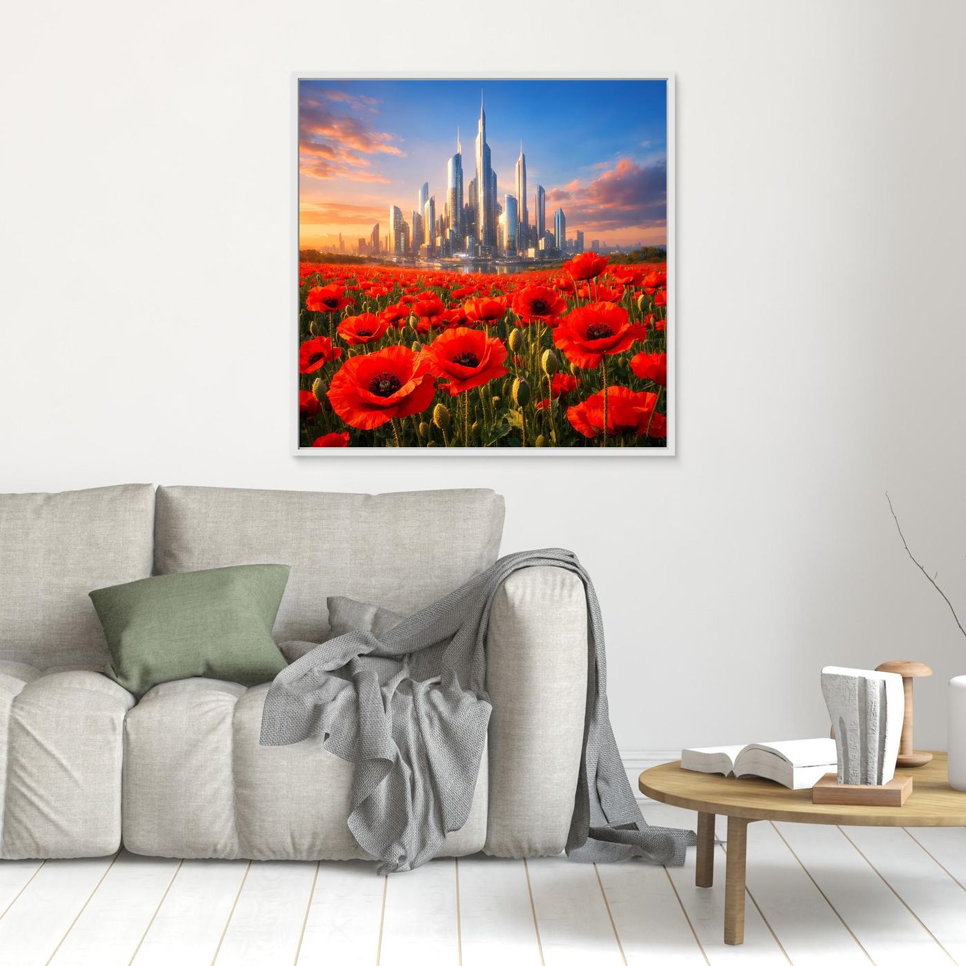Leinwandbild mit rotem Mohnfeld und futuristischer Skyline im weißen Rahmen