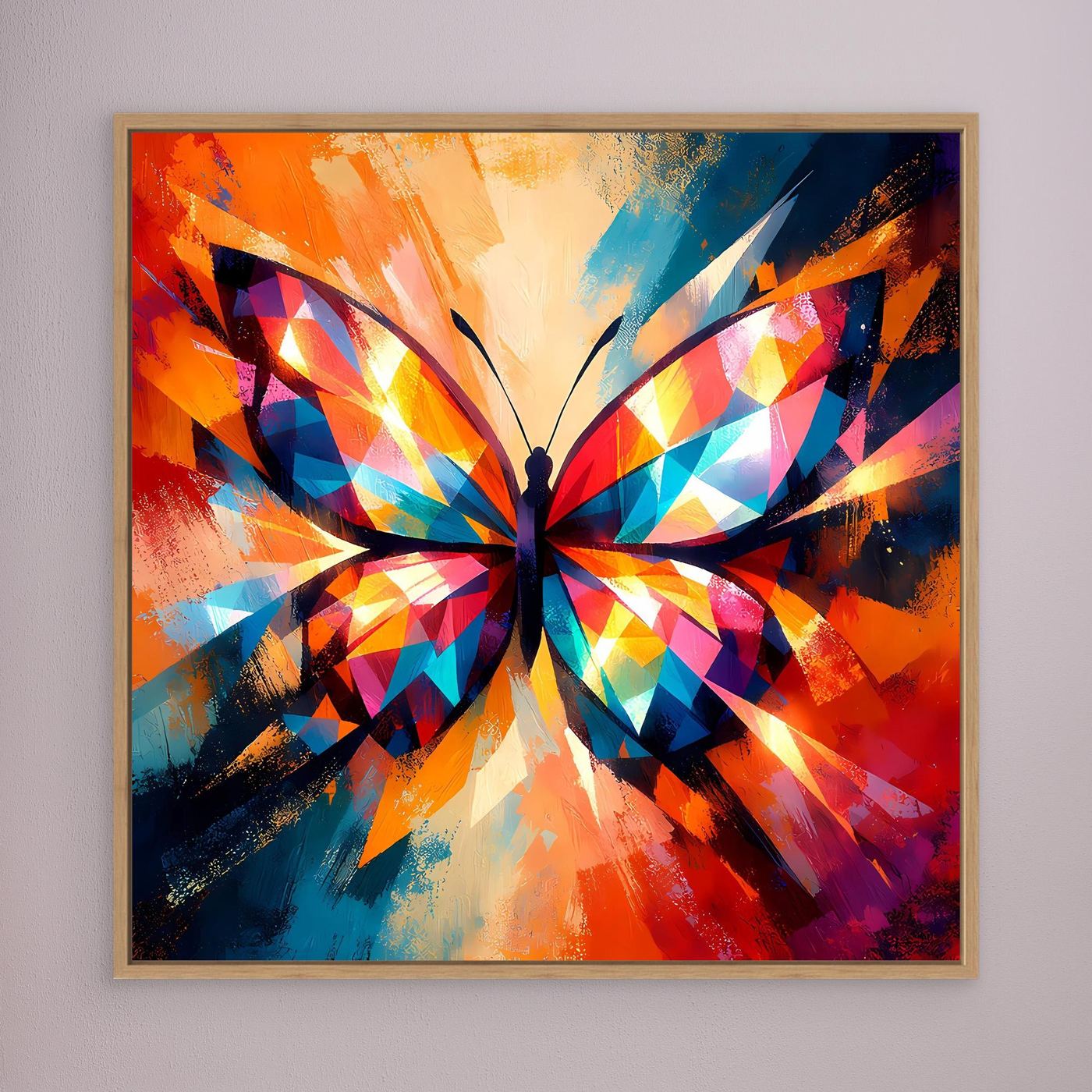 Wandbild mit buntem geometrischem Schmetterling, goldbrauner Holzrahmen