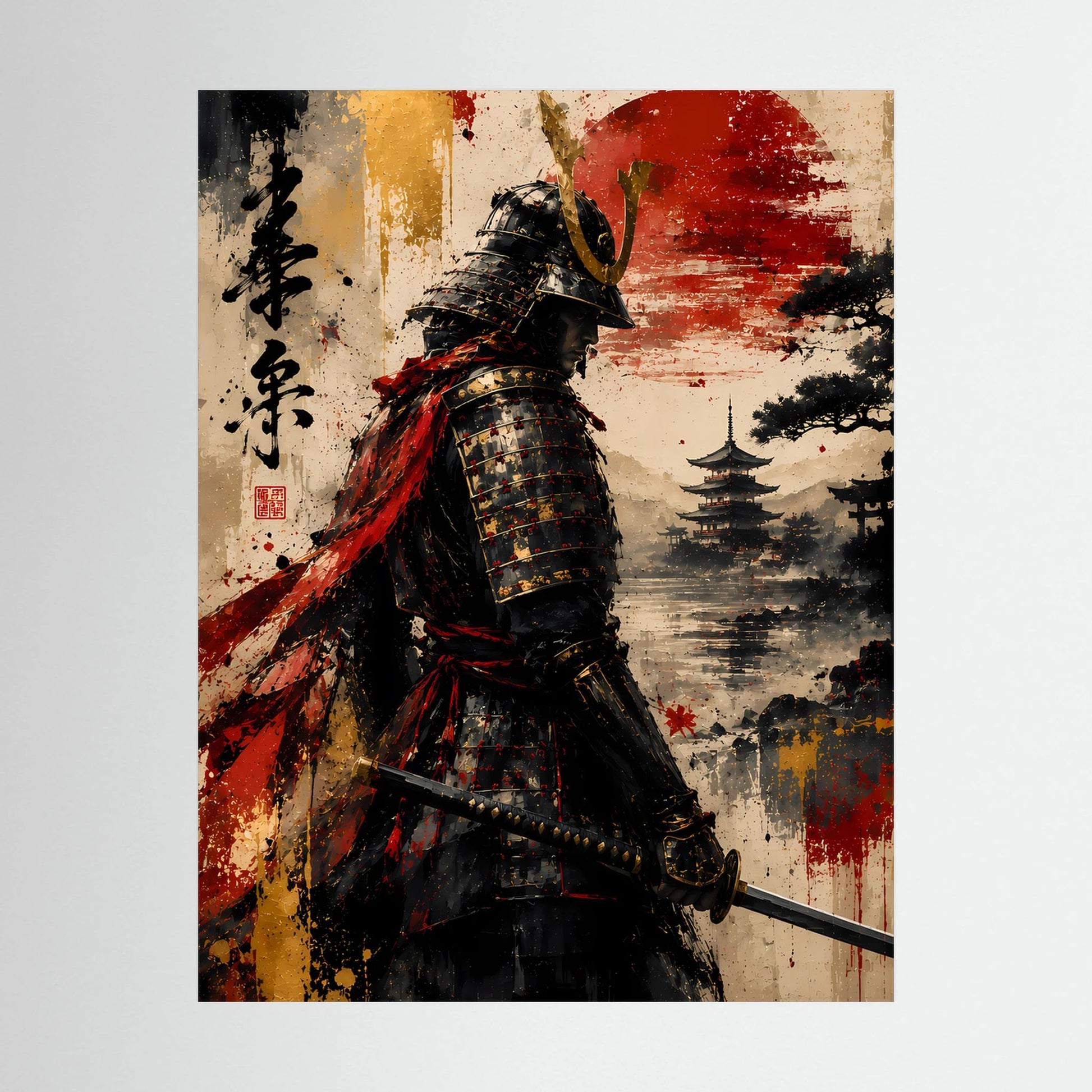 Japanisches Samurai-Poster: Krieger in dunkler Rüstung mit rotem Umhang und Katana, Hochformat