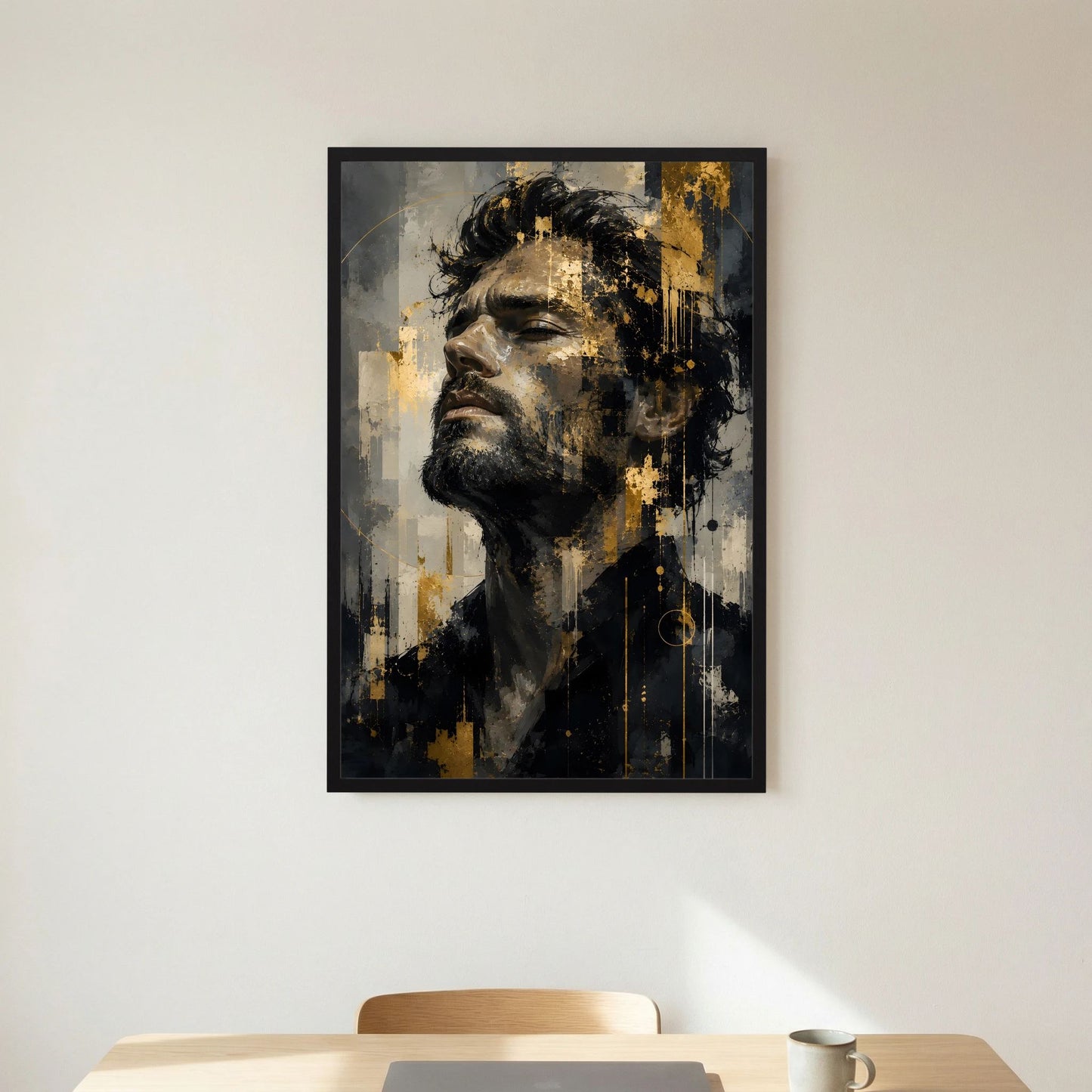 Kunstposter im Hochformat: abstraktes Männerporträt in Schwarz, Grau & Gold, schwarzer Rahmen