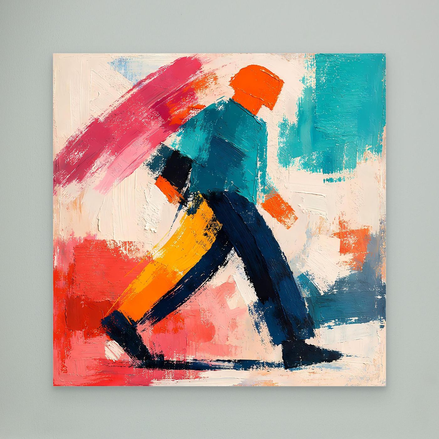 Abstract pop art wall painting with colorful strolling figure in red, blue, teal and orange