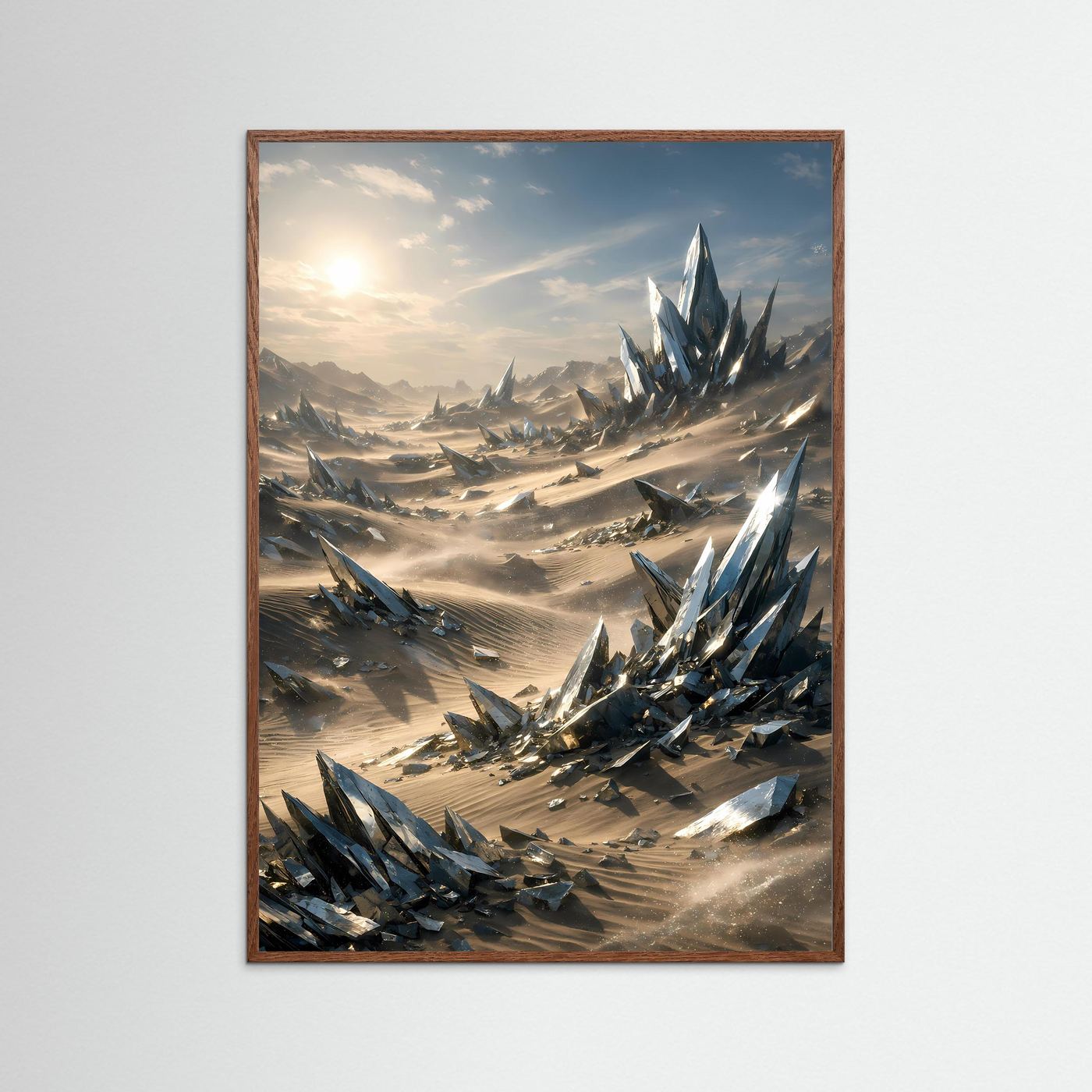 Hochformatiges Sci‑Fi-Kunstposter mit Quarzkristallen, in dunklem Eichenrahmen