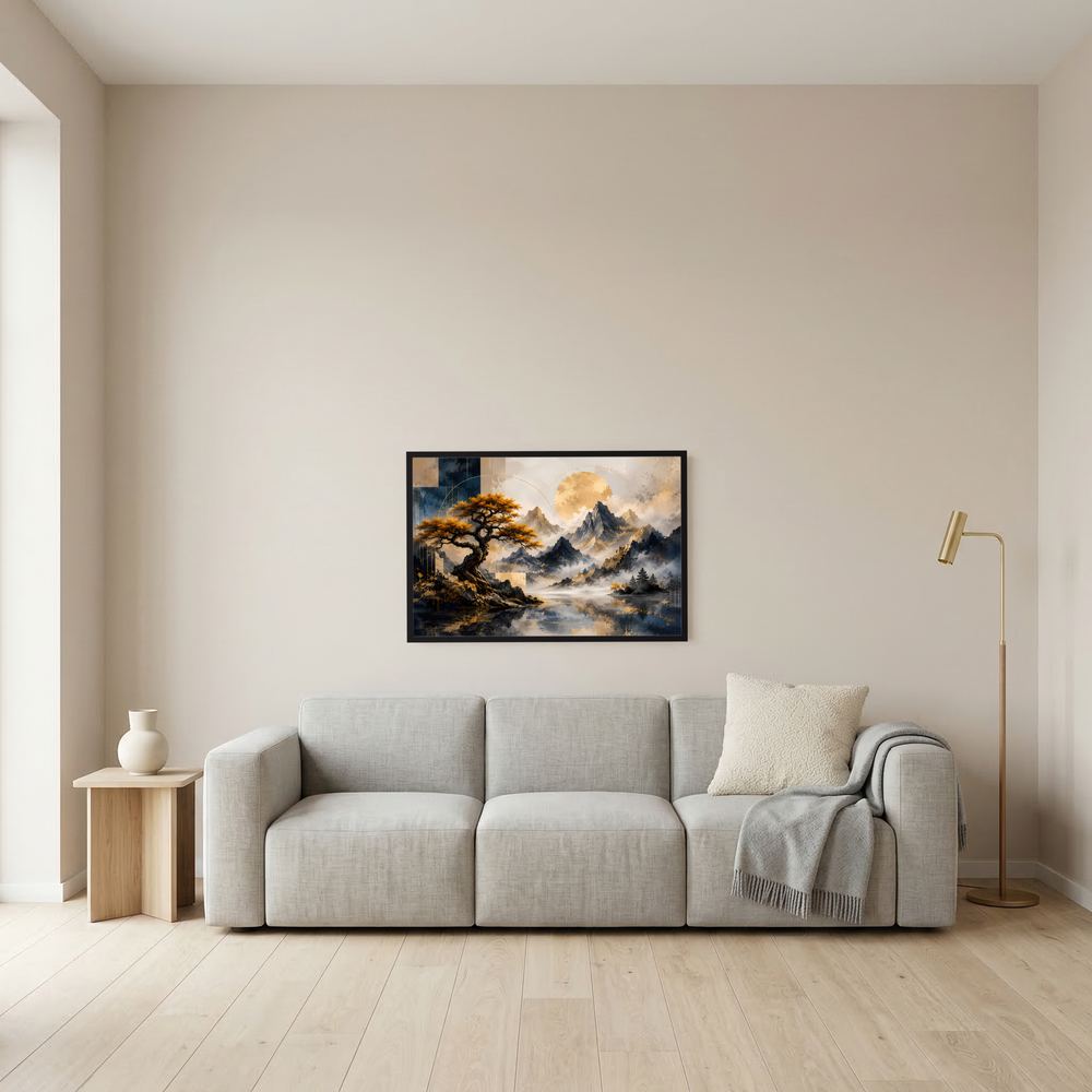 Gerahmter Posterprint, schwarzer Rahmen: goldener Baum, Berglandschaft in Blau und Gold