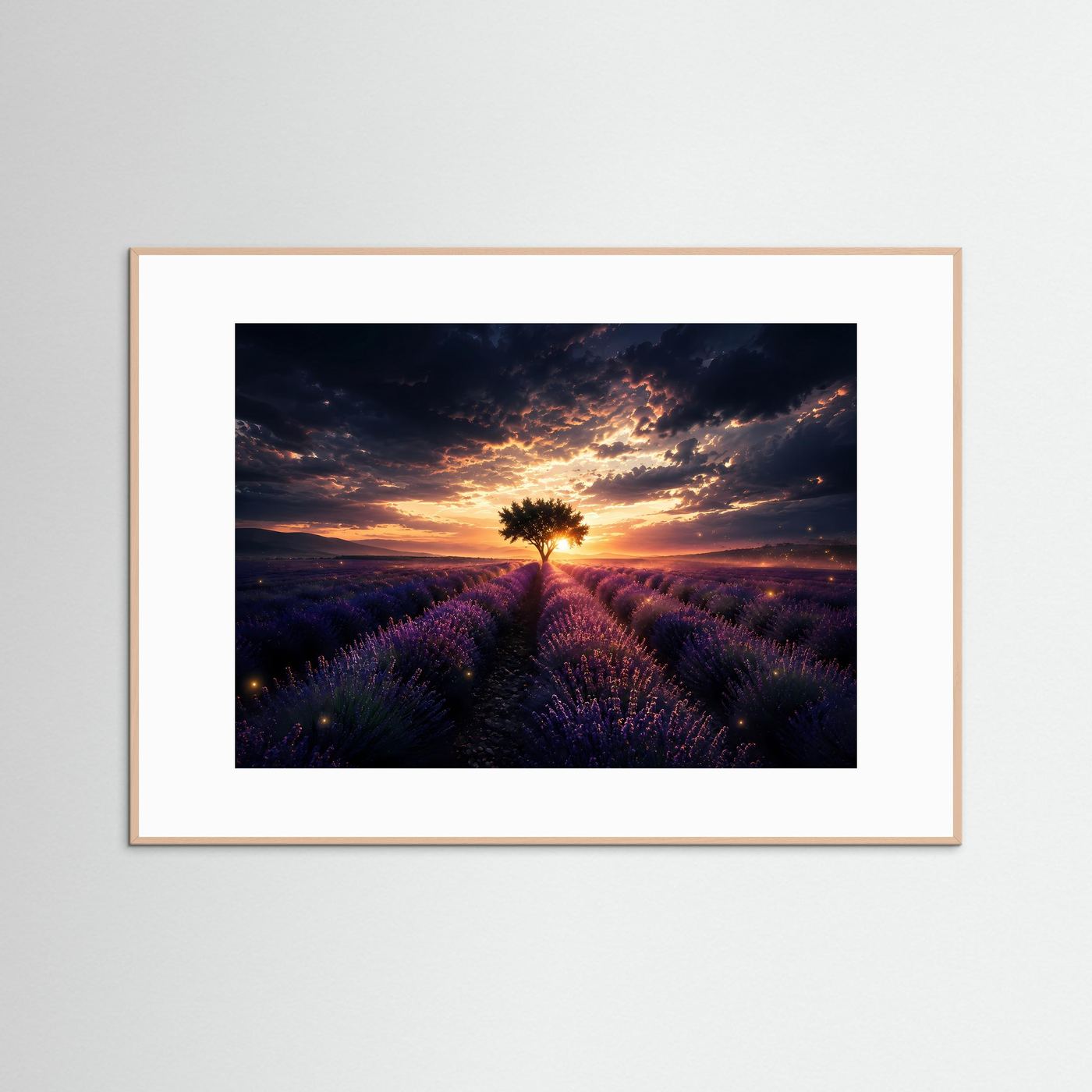 Lavendelfeld mit Baum Poster | Sonnenuntergang Landschaft Wandbild | Provence Lavendel Kunst | Natur Fine Art Print | Modernes Panorama