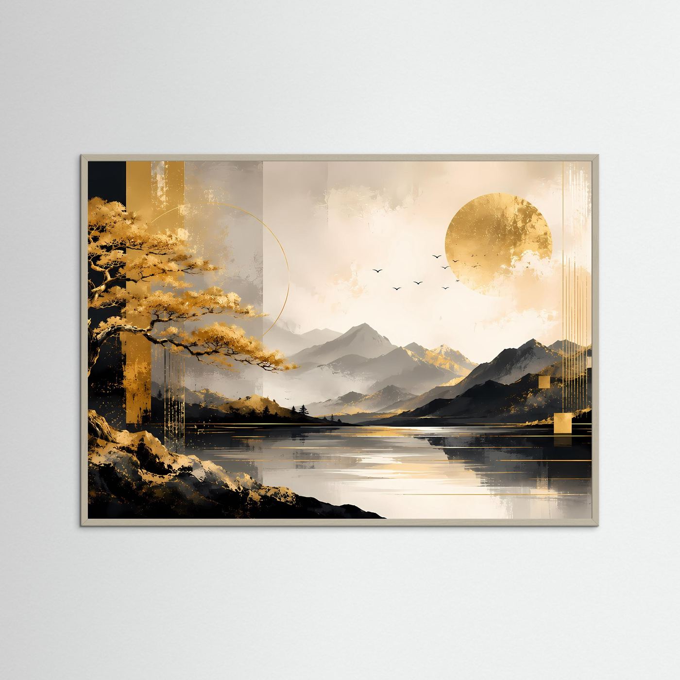 Goldener Bonsai am Bergsee | Elegante Landschaft mit Bergen, Sonne und Wasser | Moderne Naturkunst in Schwarz, Gold und Creme im Querformat