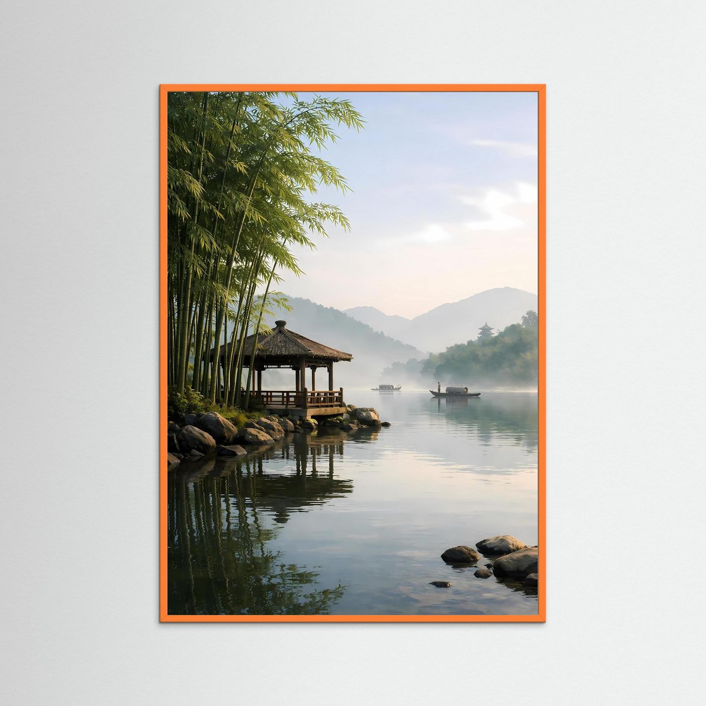 Poster Traditioneller Pavillon am Bambus-Flussufer | Klares Asiatisches Wandbild