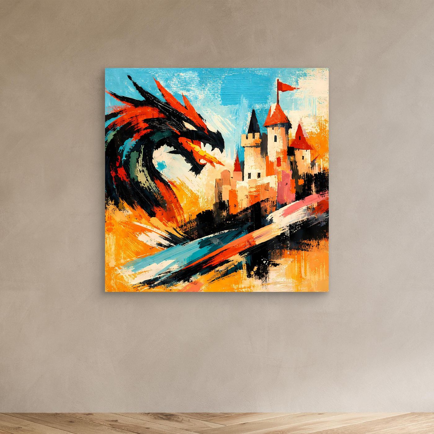 Leinwand Mythischer Drache vor dem Königsschloss | Abstraktes Fantasy Wandbild