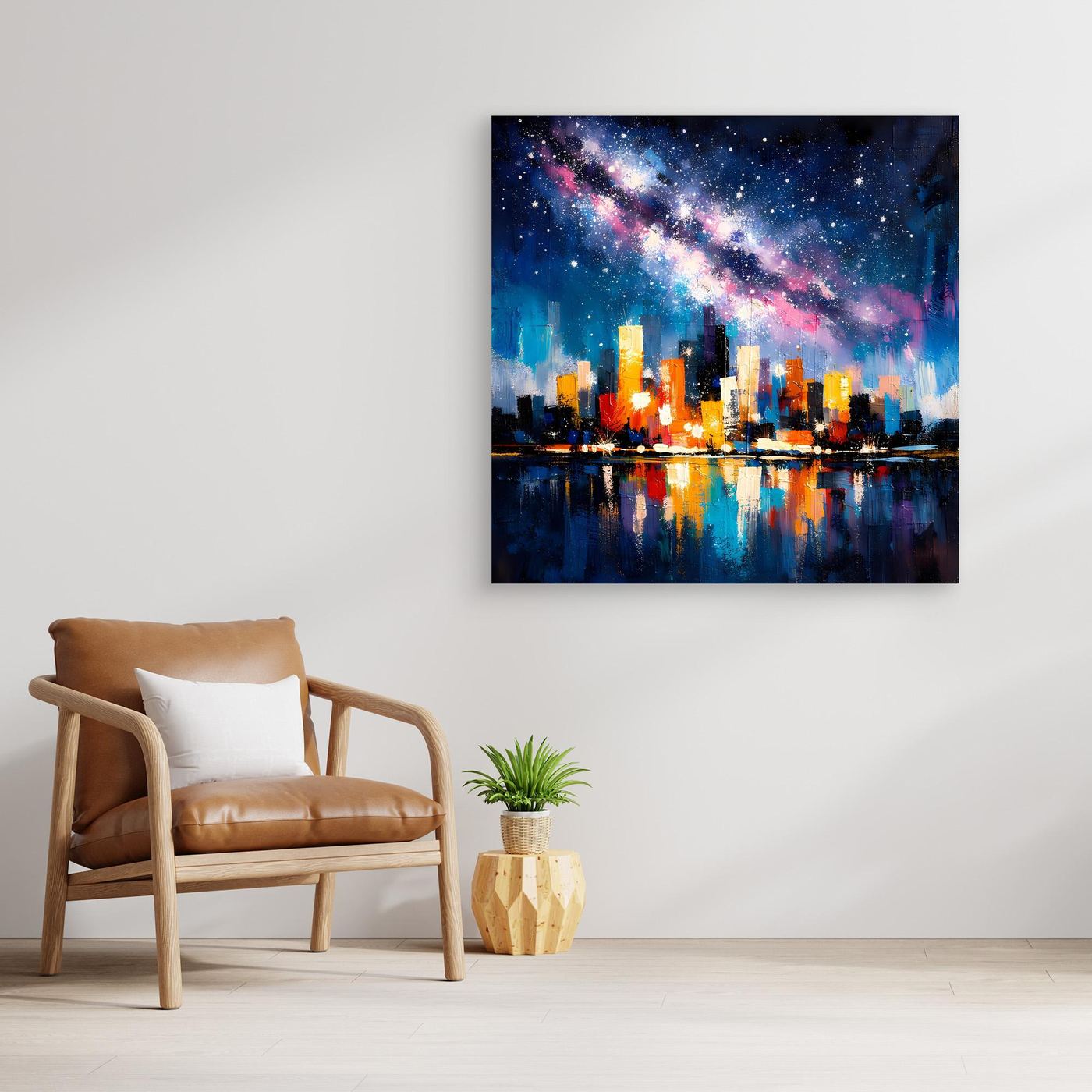 Black-framed galaxy city skyline wall art with Milky Way band and glowing skyline lights