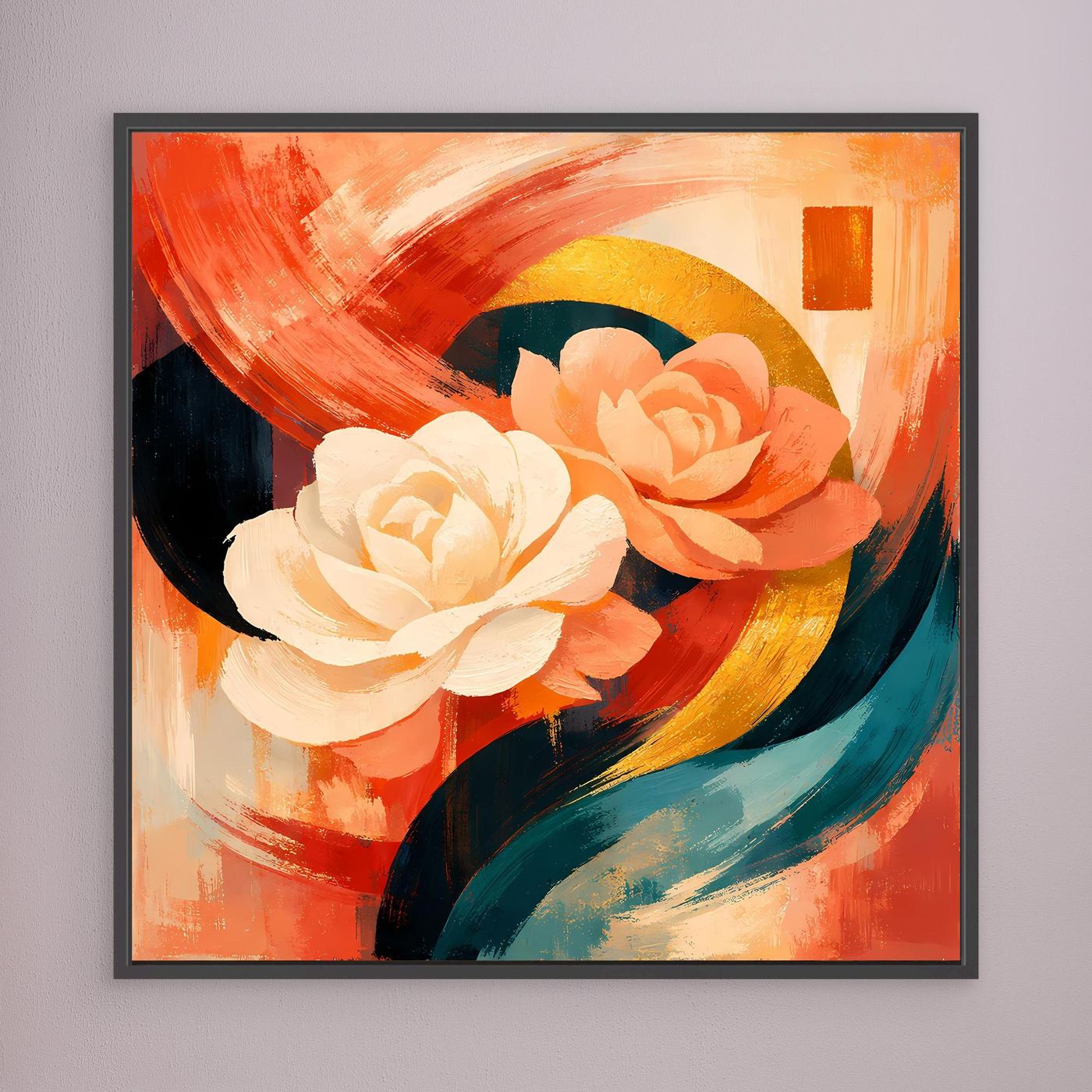 Leinwandbild mit abstrakten Rosen in Creme und Orange, warmrote Pinselstriche, dunkel gerahmt