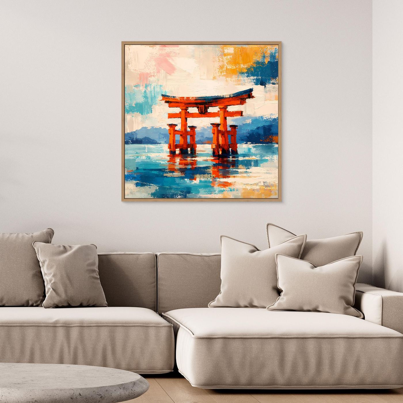 Leinwandbild Japanisches Torii-Tor im Meer | Abstraktes Kultur Wandbild auf echtem Holzkeilrahmen