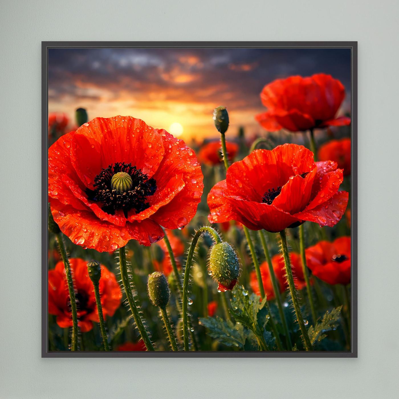 Gerahmtes Leinwandbild mit rotem Klatschmohn im Abendhimmel, schwarzer Rahmen