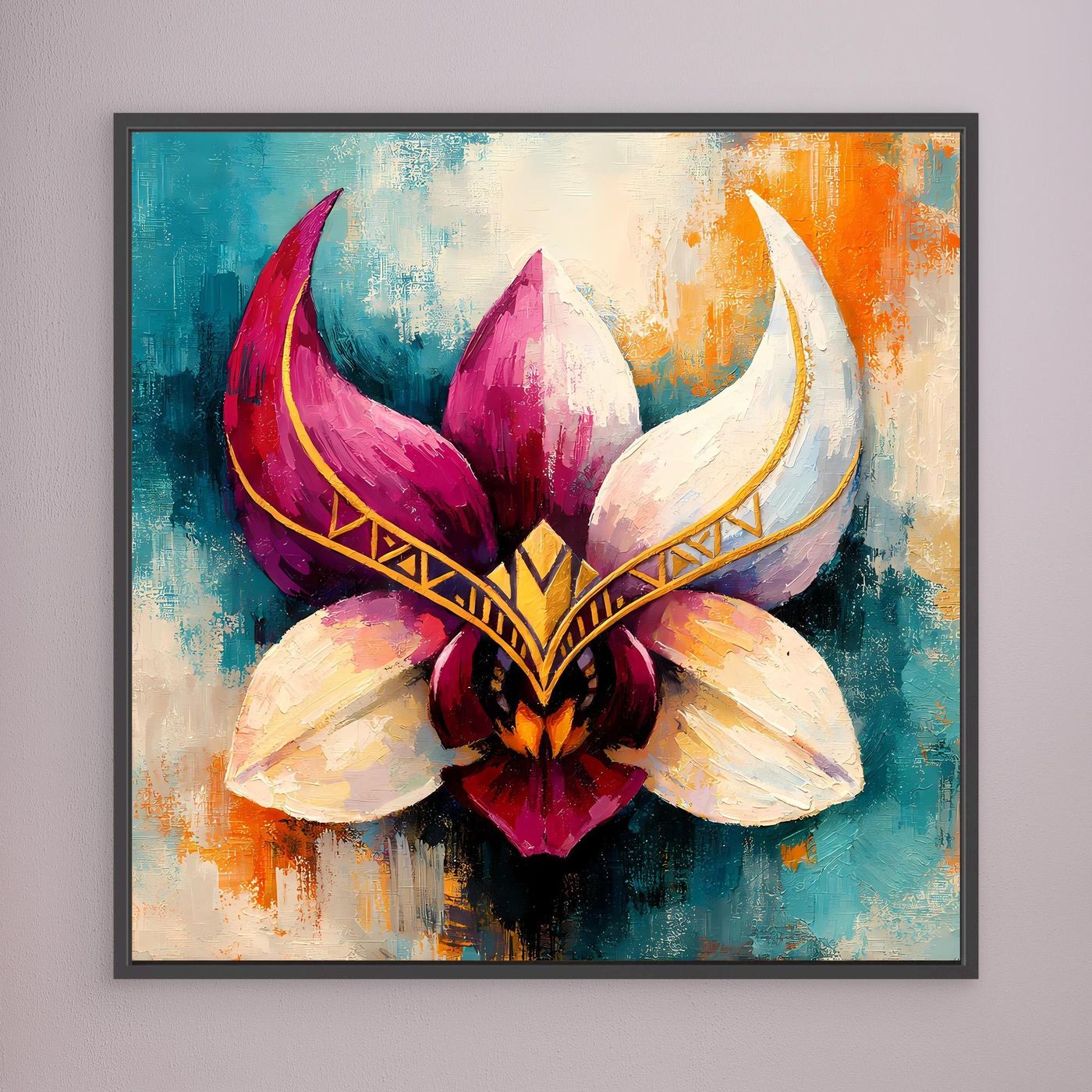 Premium Leinwand Mystische Orchideen-Maske in Gold | Abstraktes Florales Wandbild im Fantasy-Stil