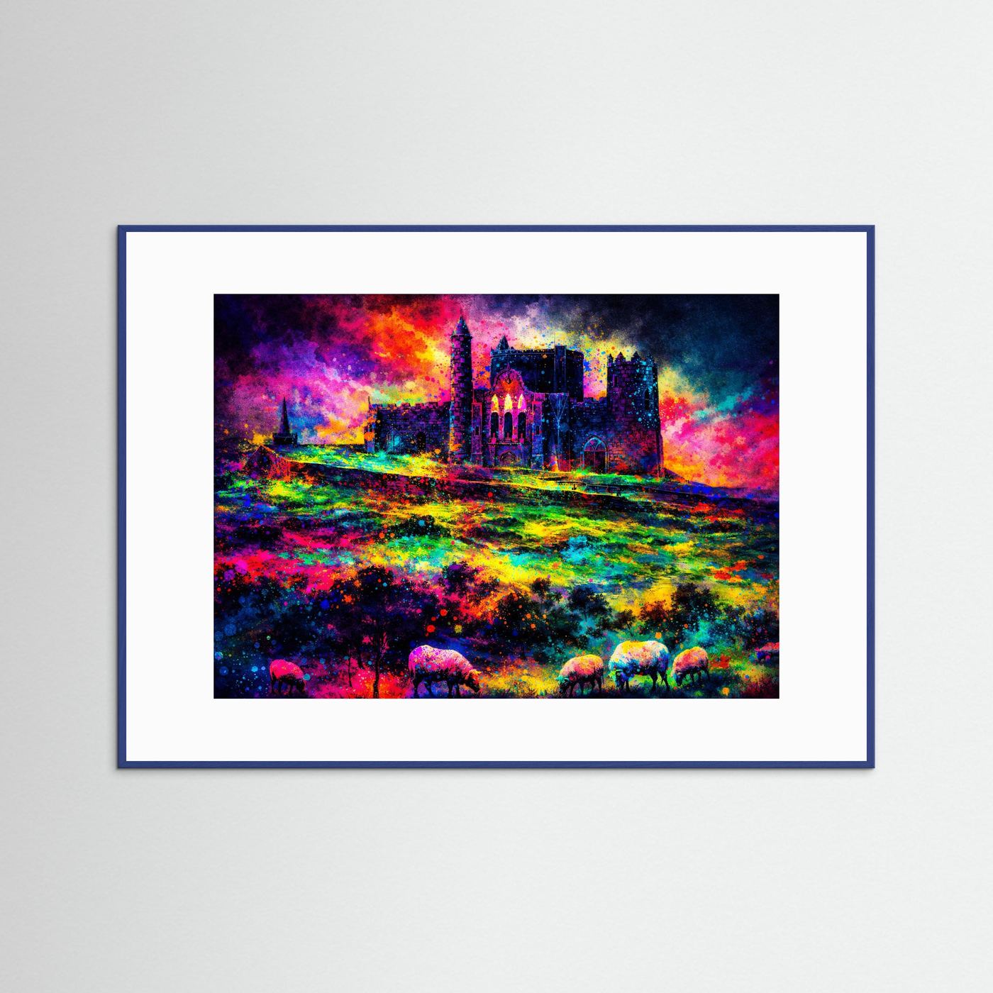Farbgewaltige Irische Burg mit Schafen | Irland Festung & Natur Poster Querformat