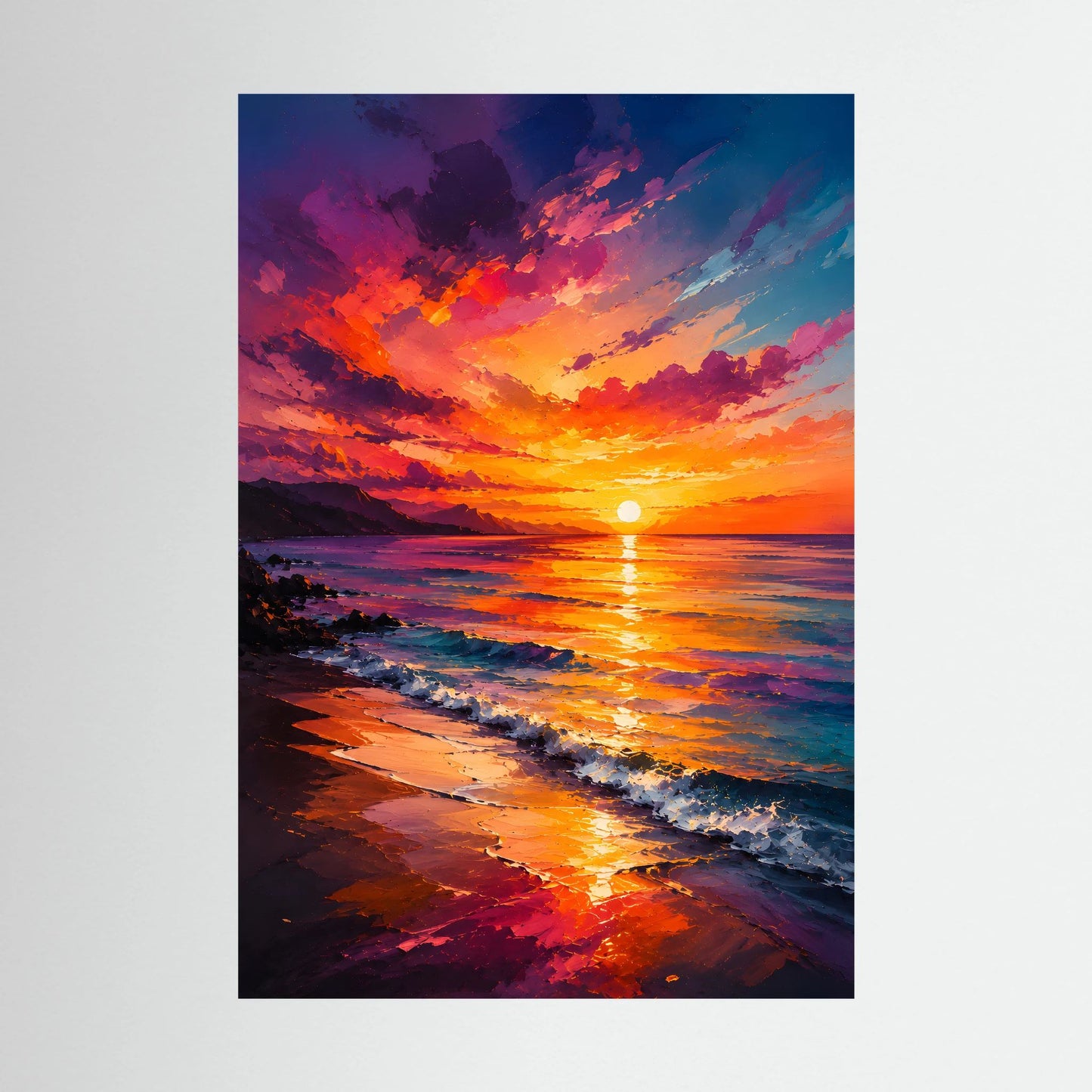 Kunstposter im Hochformat mit Sonnenuntergang am Meer, orange-violetter Himmel und Strand