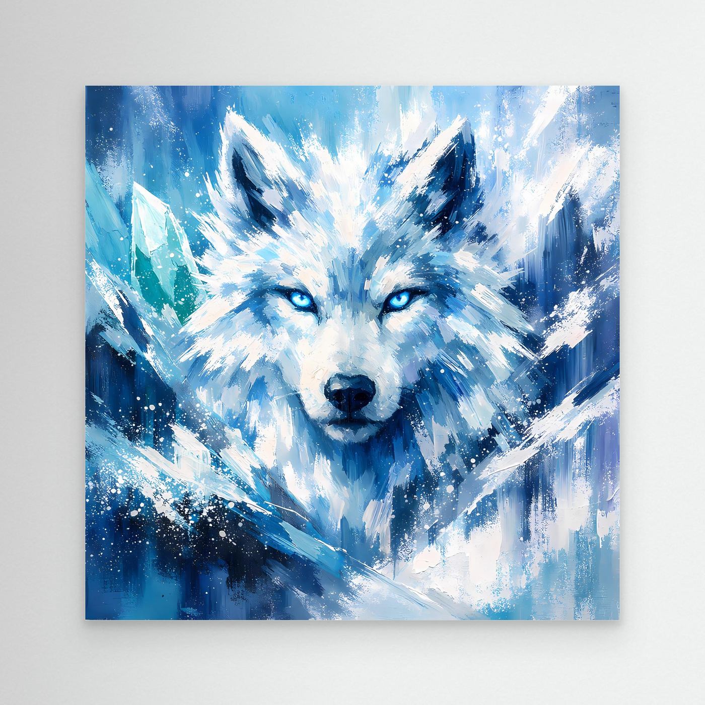 Leinwandbild mit abstraktem Eiswolf im Schneesturm, blau-weißes Motiv, ohne Rahmen