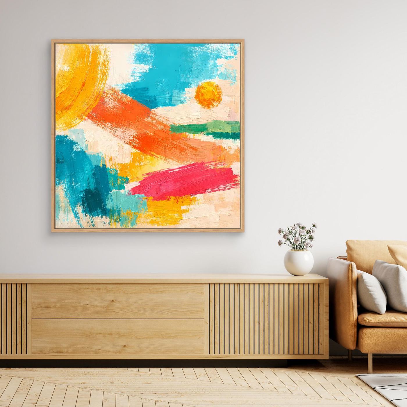 Oak-framed abstract wall art with blue, orange, pink, and yellow paint strokes
