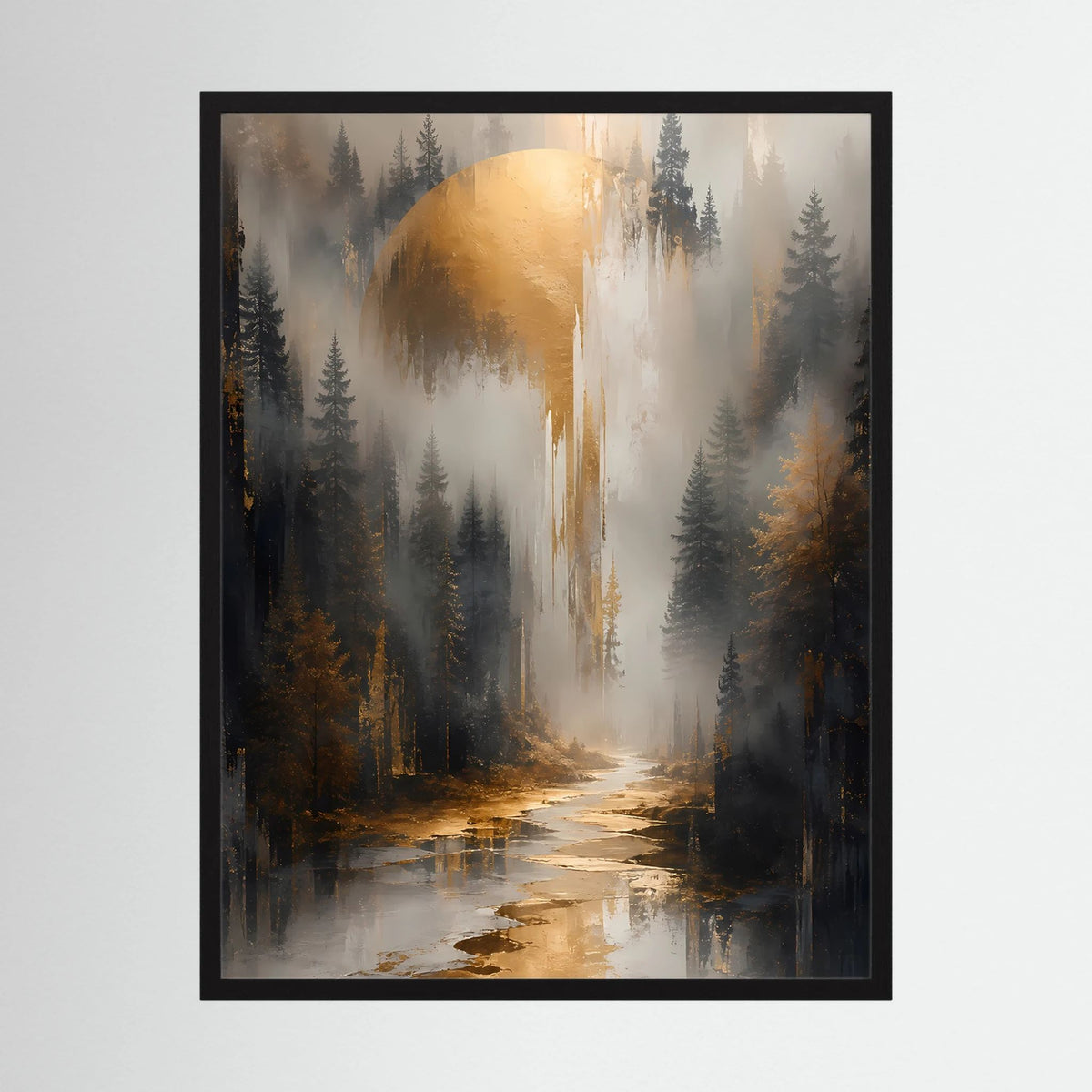 Hochformatiges Poster im schwarzen Rahmen mit nebligem Waldweg und hellem Flusslicht.