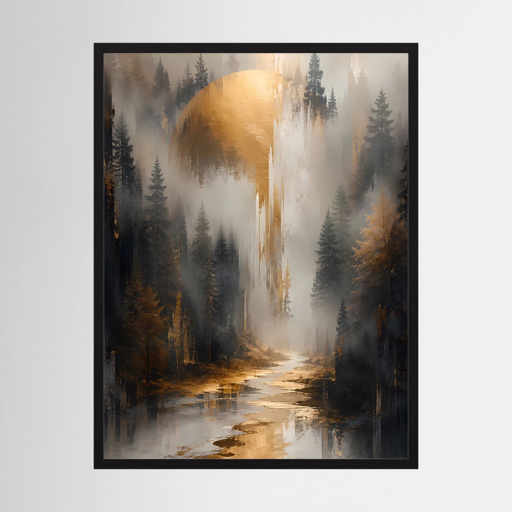 Hochformatiges Poster im schwarzen Rahmen mit nebligem Waldweg und hellem Flusslicht.