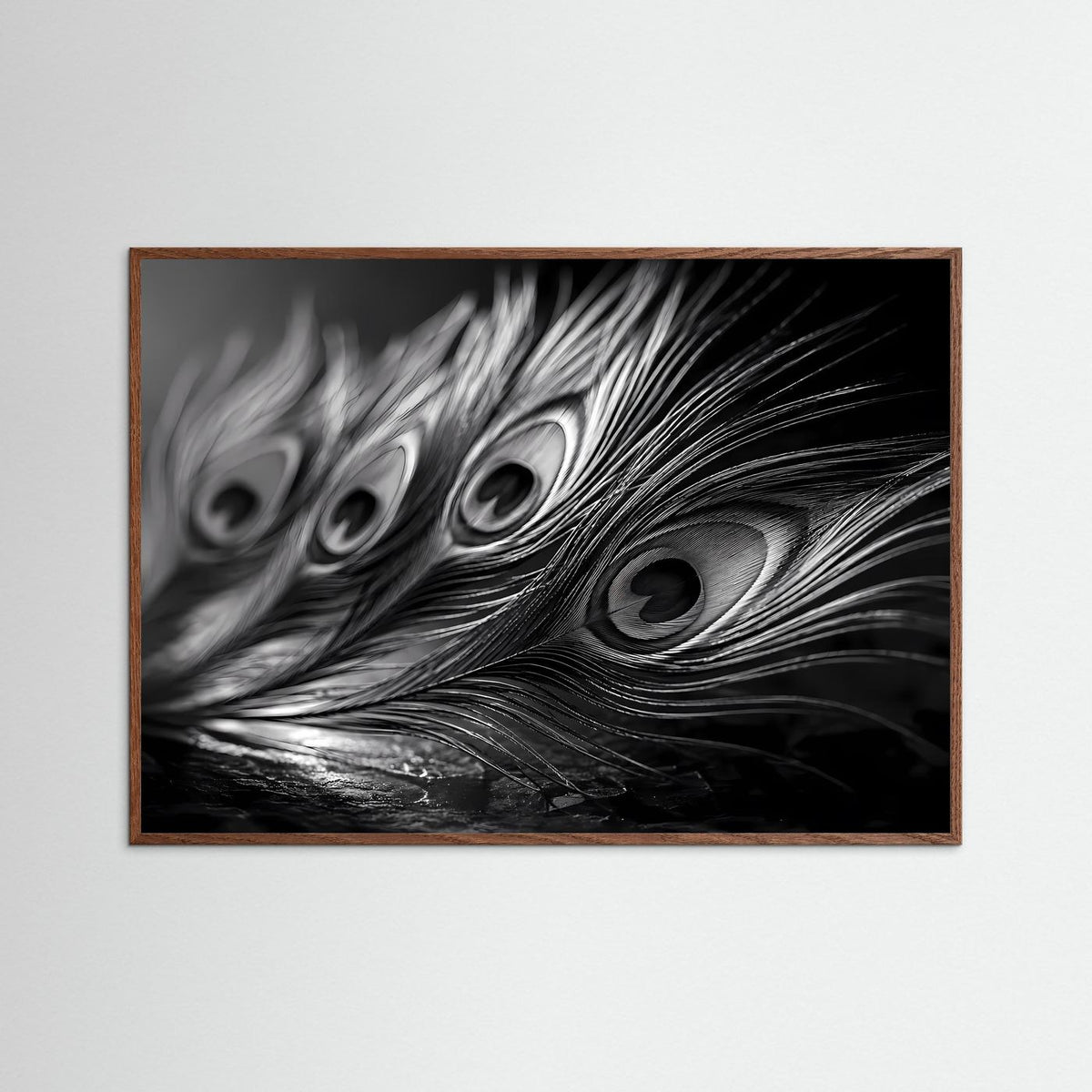 Schwarzweißes Pfauenfeder-Fotoposter mit Makro-Federaugen, brauner Holzrahmen