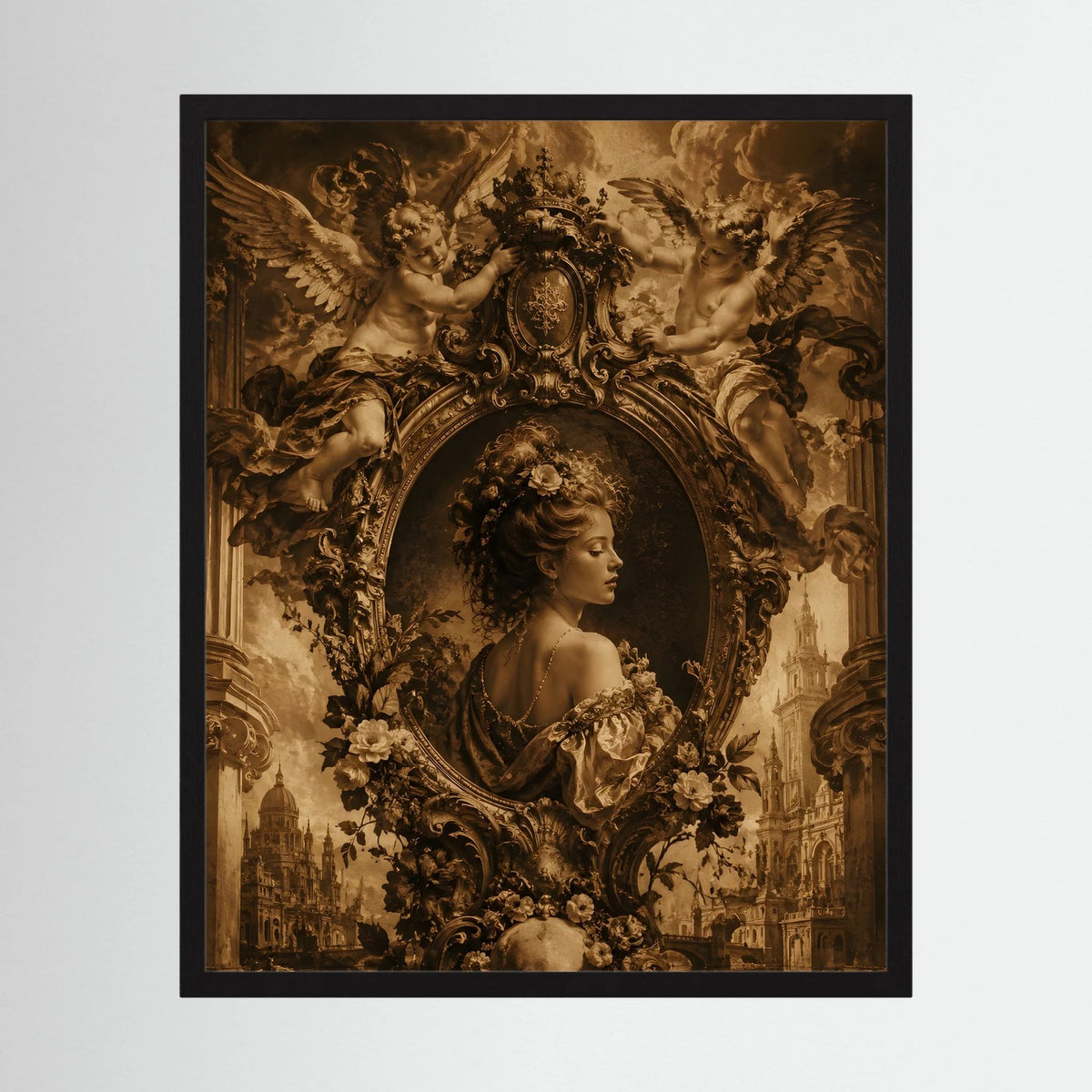 Barockposter im Rahmen: Porträt einer Frau im Oval mit Engeln und Ornamenten