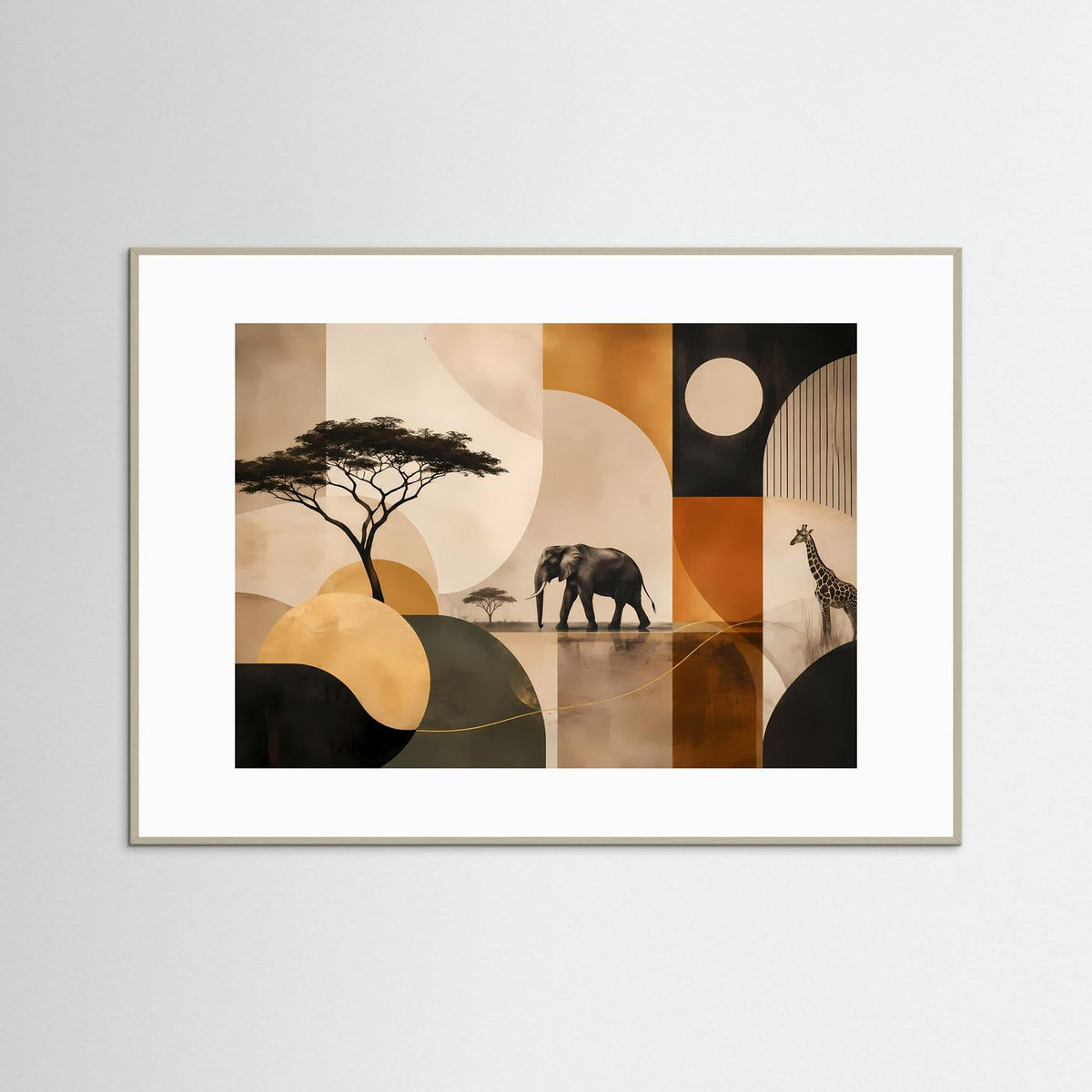 Poster Querformat mit Elefant- und Giraffensilhouetten, abstrakte Afrikaformen, grauer Rahmen