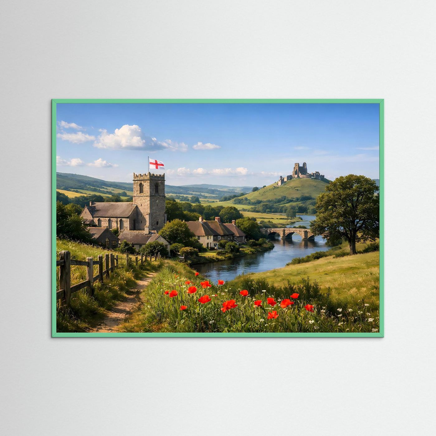 Panorama-Naturposter mit Burgruine, Fluss und roten Mohnblumen im türkisfarbenen Rahmen